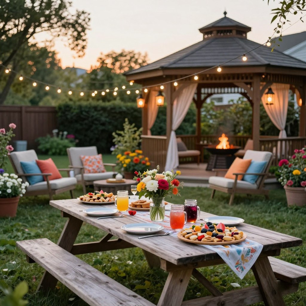 A beautiful backyard party setup in New Jersey, featuring an elegant outdoor space. In the foreground, dazzling fairy lights drape over a rustic wooden picnic table filled with delicious party platters, colorful drinks in mason jars, and fresh flowers in the center. The middle ground showcases comfortable seating with lounge chairs and vibrant cushions, surrounded by lush greenery and blooming flowers. In the background, a classic wooden gazebo is adorned with lanterns and fabric drapes, while a hint of a bonfire adds warmth. The scene is illuminated by the golden glow of sunset, creating an inviting and festive atmosphere. The image should capture a joyful, relaxed mood, perfect for a New Jersey backyard gathering.