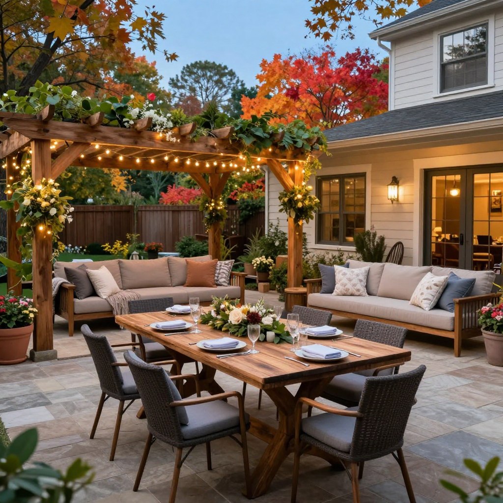 A beautifully arranged backyard in New Jersey, designed for seamless year-round entertaining. In the foreground, a rustic wooden dining table elegantly set with seasonal decorations, surrounded by comfortable, stylish chairs. The middle ground features a large covered structure, like a wooden pergola draped with fairy lights and lush greenery, providing shelter from the elements. Cozy seating areas are arranged with pillows and blankets, inviting relaxation. In the background, the vibrant color of autumn leaves or blooming flowers add a seasonal touch, complemented by distant trees and a clear blue sky. Soft, warm lighting enhances the welcoming atmosphere, creating a picturesque scene perfect for gatherings. The composition is shot from a slightly elevated angle to capture the entire space, emphasizing its inviting charm.