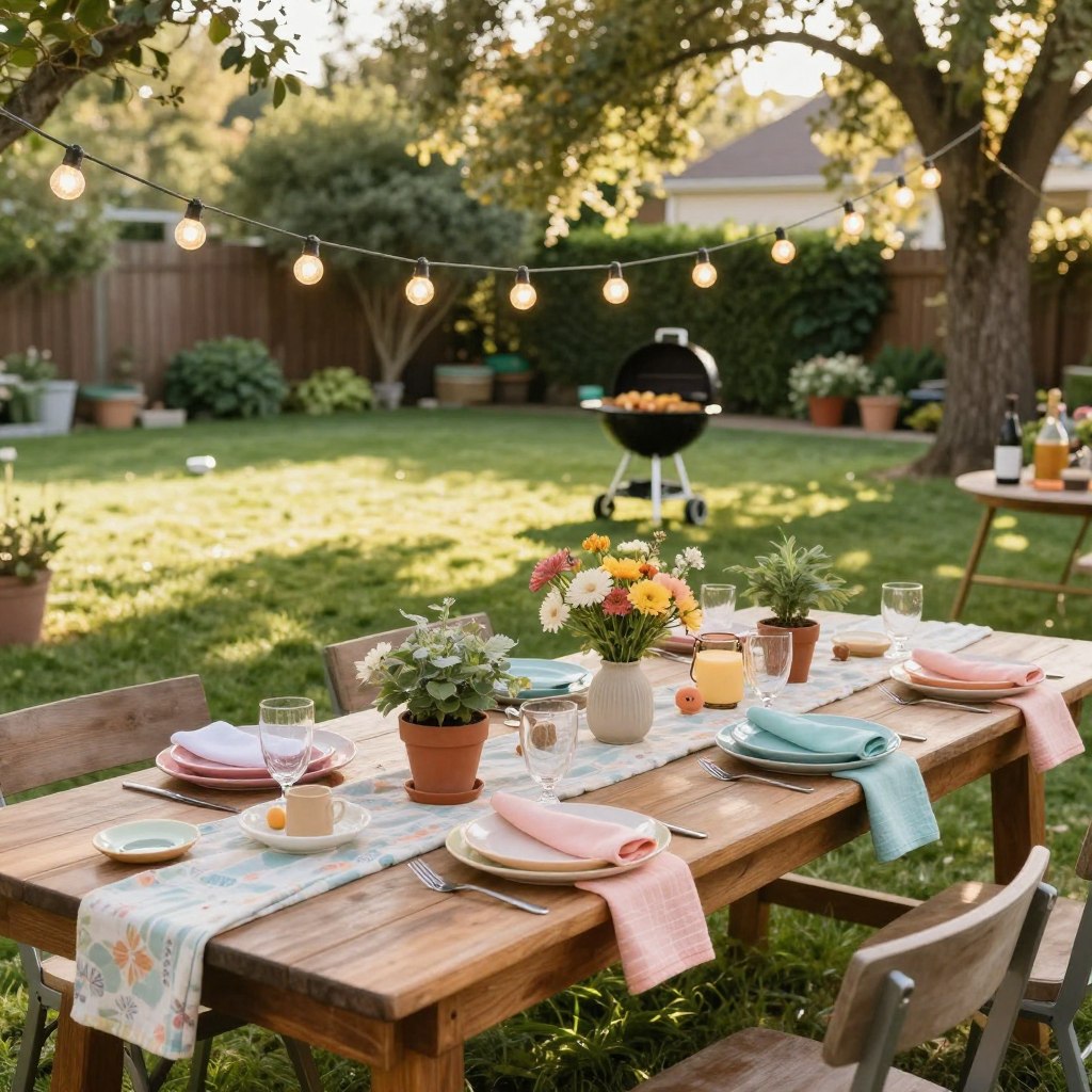 A beautifully arranged backyard party scene, featuring a long, rustic wooden table adorned with simple yet elegant table settings in soft pastel colors. In the foreground, colorful cloth napkins and mismatched plates create a warm, inviting atmosphere. The middle layer showcases a variety of budget-friendly decorations like fairy lights strung above, potted plants, and handmade centerpieces featuring seasonal flowers. In the background, a lush green lawn is perfect for outdoor games, while a grill hints at delicious food being prepared. Soft, golden sunlight filters through leafy trees, casting dappled shadows, enhancing the cheerful and festive ambiance. Capture this joyful gathering from a slightly elevated angle to include both the details of the table setting and the lively outdoor environment, evoking a sense of community and celebration without sacrificing style.