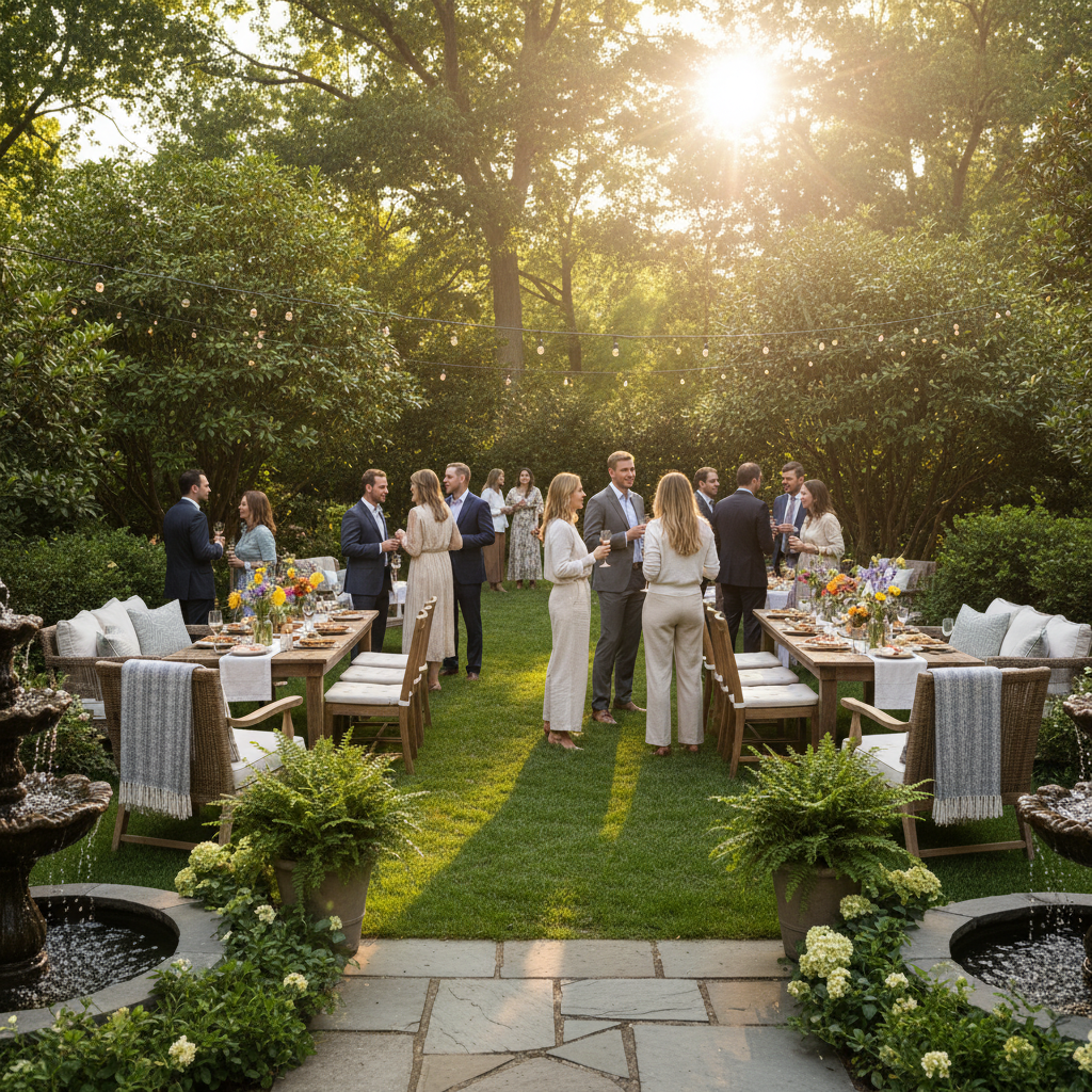A beautifully arranged garden party scene showcasing elegant decorations inspired by native plants of New Jersey. In the foreground, a long wooden table is adorned with vibrant floral centerpieces featuring colorful native wildflowers like Black-eyed Susans and Eastern Purple Coneflowers, alongside rustic lanterns casting a warm glow. The middle ground features comfortable seating areas with cozy blankets and pillows under leafy canopies created by native shrubs, inviting guests to relax. In the background, a lush garden filled with native trees and plants provides a natural backdrop, with dappled sunlight filtering through the leaves. The atmosphere is cheerful and inviting, evoking a sense of joyful celebration, captured in soft, natural lighting from a late afternoon sun, using a wide-angle lens to encapsulate the entire joyous setup.