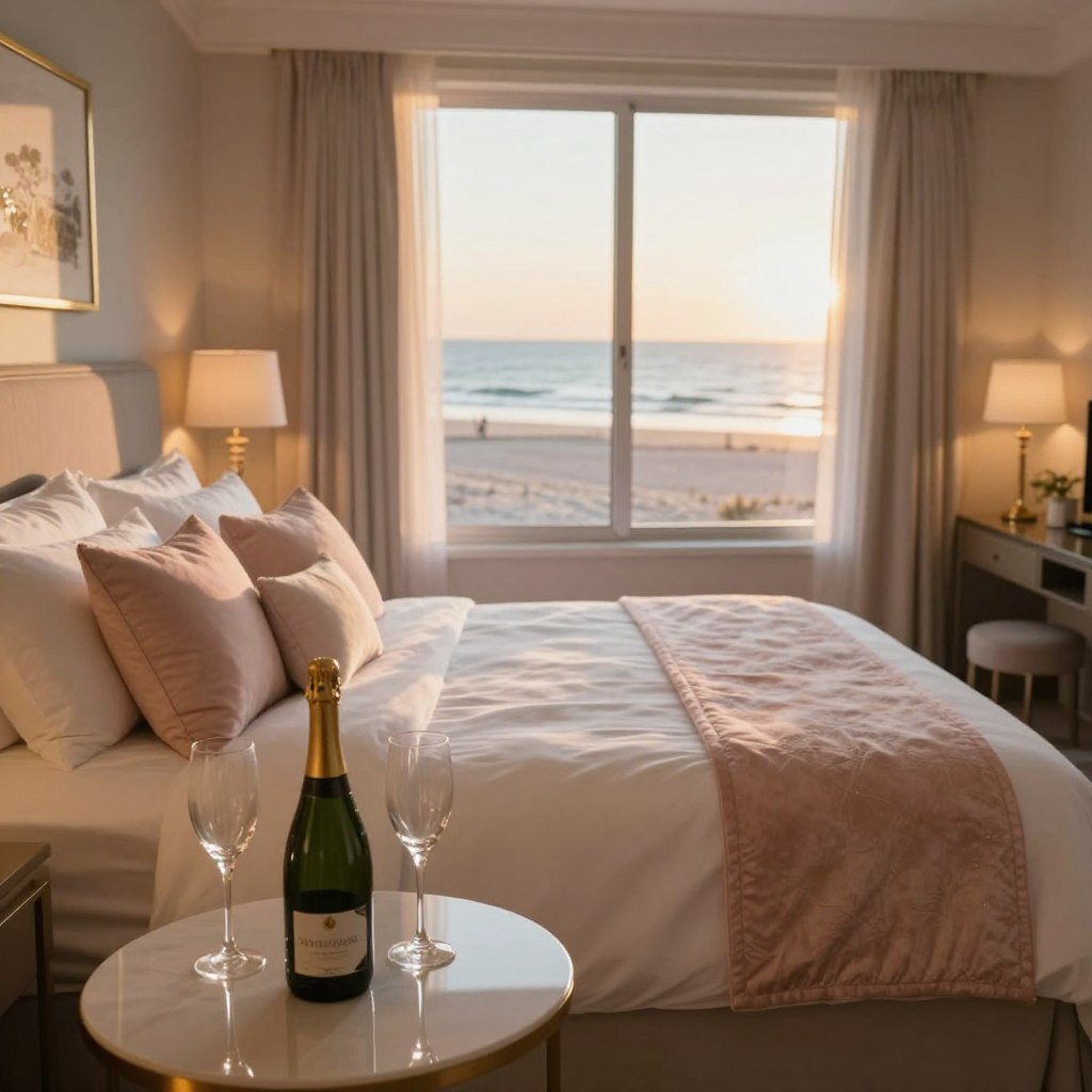 A beautifully arranged honeymoon suite in Atlantic City, featuring a plush king-sized bed adorned with luxury linens and romantic throw pillows in soft pastel colors. In the foreground, a small table holds a bottle of champagne and two fluted glasses, reflecting a cozy and intimate setting. The middle ground includes a large window with sheer curtains, revealing a breathtaking view of the Atlantic Ocean and sandy beach bathed in golden sunset light. The background features elegant decor, such as framed artwork and ambient lighting from stylish lamps. Soft, warm tones dominate the scene, creating a romantic atmosphere perfect for a getaway. The image should have a slight depth of field effect, focusing on the suite's details while softly blurring the background, enhancing the dreamy and inviting ambiance. A beautifully arranged honeymoon suite in Atlantic City, featuring a plush king-sized bed adorned with luxury linens and romantic throw pillows in soft pastel colors. In the foreground, a small table holds a bottle of champagne and two fluted glasses, reflecting a cozy and intimate setting. The middle ground includes a large window with sheer curtains, revealing a breathtaking view of the Atlantic Ocean and sandy beach bathed in golden sunset light. The background features elegant decor, such as framed artwork and ambient lighting from stylish lamps. Soft, warm tones dominate the scene, creating a romantic atmosphere perfect for a getaway. The image should have a slight depth of field effect, focusing on the suite's details while softly blurring the background, enhancing the dreamy and inviting ambiance.