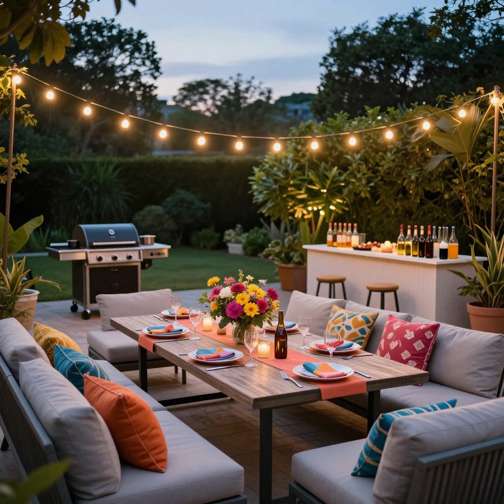 A beautifully designed patio party setup for outdoor entertaining, featuring an elegant table set for six with vibrant tableware and centerpieces of fresh flowers. In the foreground, colorful cushions are arranged on a modern outdoor sofa, inviting relaxation. The middle ground showcases cheerful string lights overhead, casting a warm glow, with a grill and beverage station adding convenience. Surrounding lush greenery creates a serene backdrop, while a clear evening sky adds to the ambiance. The scene captures a festive yet intimate atmosphere, perfect for gatherings. The lighting is soft and warm, creating a magical feel, with a slightly elevated angle to encompass the entire setup. No people are present in the image, maintaining focus on the stylish decor and inviting environment.