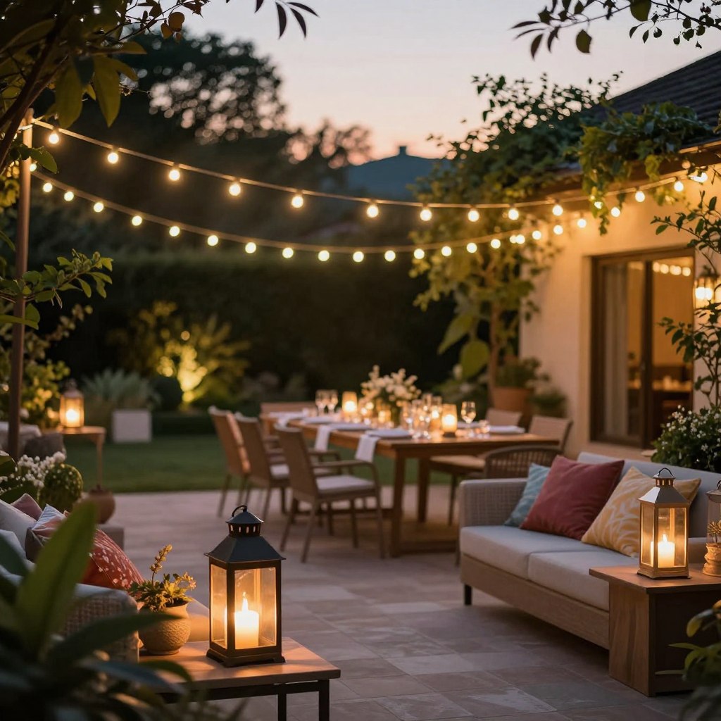 A beautifully illuminated backyard setting for parties, featuring elegant string lights crisscrossing overhead, casting a warm, inviting glow. In the foreground, there are stylish lanterns placed on tables, flickering softly, enhancing the cozy atmosphere. The middle ground showcases a well-decorated outdoor dining area, with tasteful furnishings and colorful cushions, ready for guests. The background is filled with lush greenery, softly lit by the ambient light, creating a serene backdrop. The scene is captured during the golden hour, with a soft focus lens, highlighting the enchanting interplay of light and shadow. The overall mood is cheerful and inviting, perfect for an outdoor gathering.