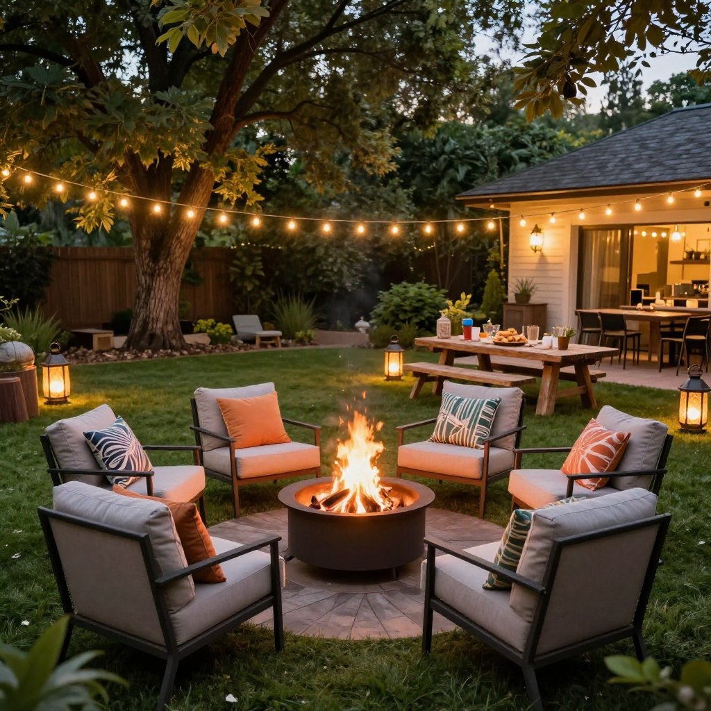 A beautifully landscaped backyard party scene features a cozy fire pit surrounded by comfortable seating. In the foreground, plush outdoor chairs with colorful cushions are arranged in a semicircle around the crackling fire, inviting guests to gather. The middle ground showcases a well-manicured lawn dotted with decorative lanterns and a rustic wooden table adorned with drinks and snacks, enhancing the festive atmosphere. In the background, tall trees provide privacy and shade, their leaves gently illuminated by warm, golden string lights. The scene is captured during twilight, casting a soft, inviting glow, creating a sense of warmth and community. The image should convey a joyful, relaxed ambiance, perfect for summer gatherings.