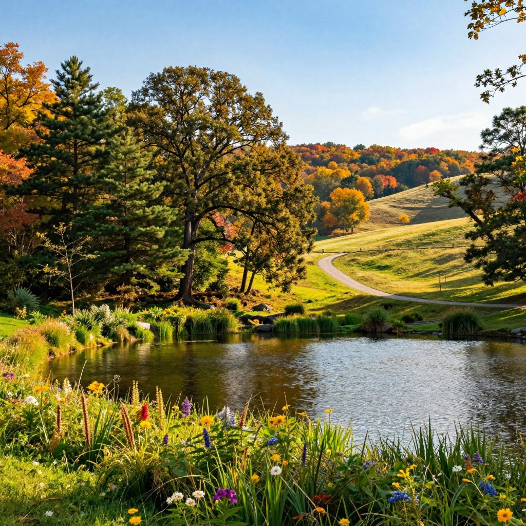 A breathtaking outdoor adventure scene in Sussex County, NJ, showcasing a natural landscape rich in vibrancy. In the foreground, a clear sparkling lake surrounded by lush green grass and blooming wildflowers reflects the blue sky above. In the middle ground, a variety of tall trees, including oaks and pines, create a vibrant canopy, while a winding hiking path leads the eye deeper into the scene. The background features rolling hills that fade into the horizon, with patches of colorful autumn foliage hinting at seasonal change. The lighting is warm and golden, reminiscent of late afternoon sun, casting gentle shadows and highlighting the depth of the landscape. The atmosphere is peaceful and inviting, capturing the essence of outdoor exploration and the serene beauty of Sussex County's natural environment.