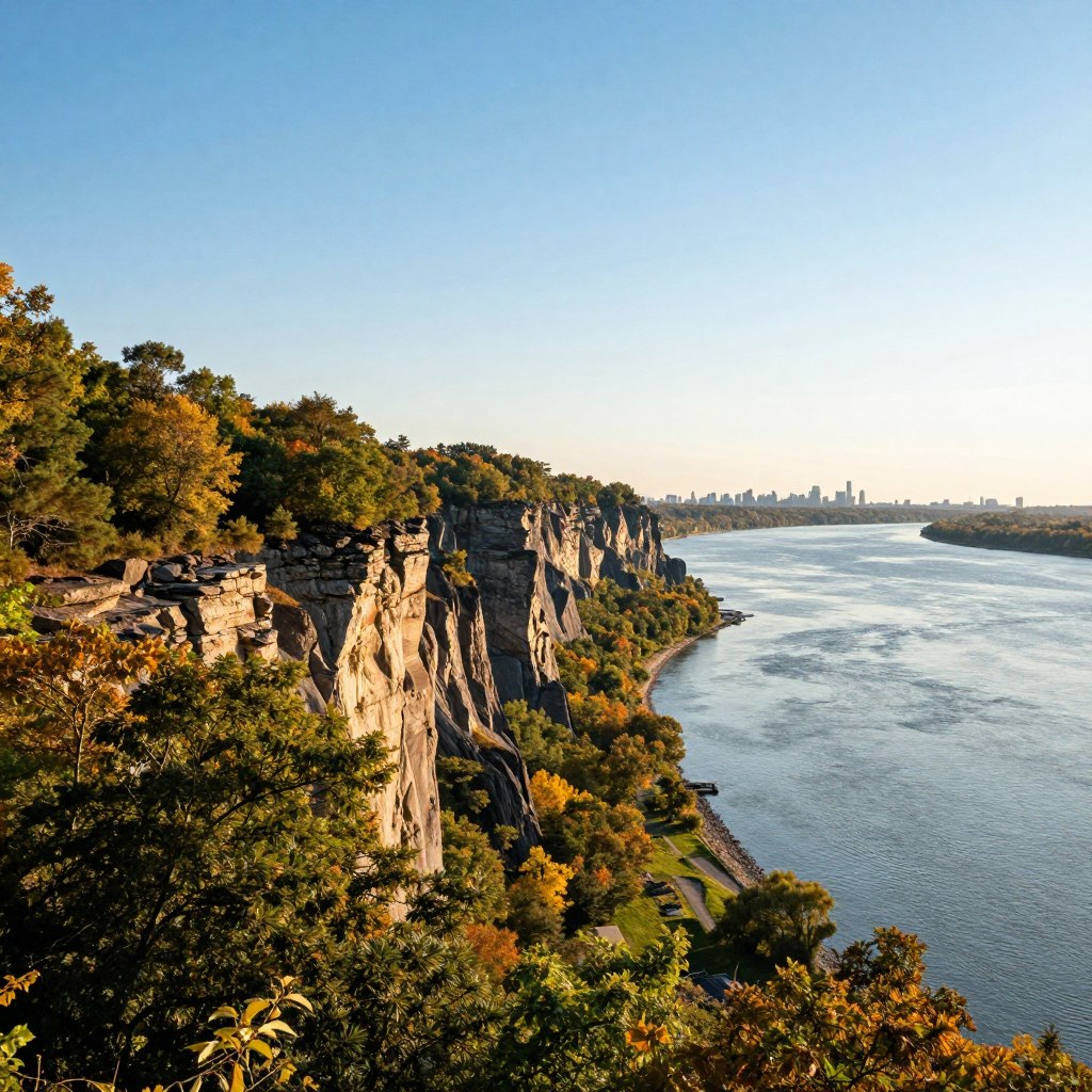 A breathtaking scenic view of Palisades Interstate Park along the Hudson River. In the foreground, lush green foliage and vibrant wildflowers frame the scene, with a winding path inviting viewers into the natural beauty. The middle ground showcases the majestic cliffs of the Palisades, rising dramatically from the riverbank, bathed in warm golden sunlight filtering through the trees, creating a dappled light effect. In the background, the serene Hudson River glistens under a clear blue sky, with distant views of the New York skyline peeking through the haze. The atmosphere is tranquil yet awe-inspiring, evoking a sense of historic grandeur and natural beauty. Capture this moment using a wide-angle lens with soft lighting to enhance the colors and depth, focusing on the harmony of nature and the historic landscape.