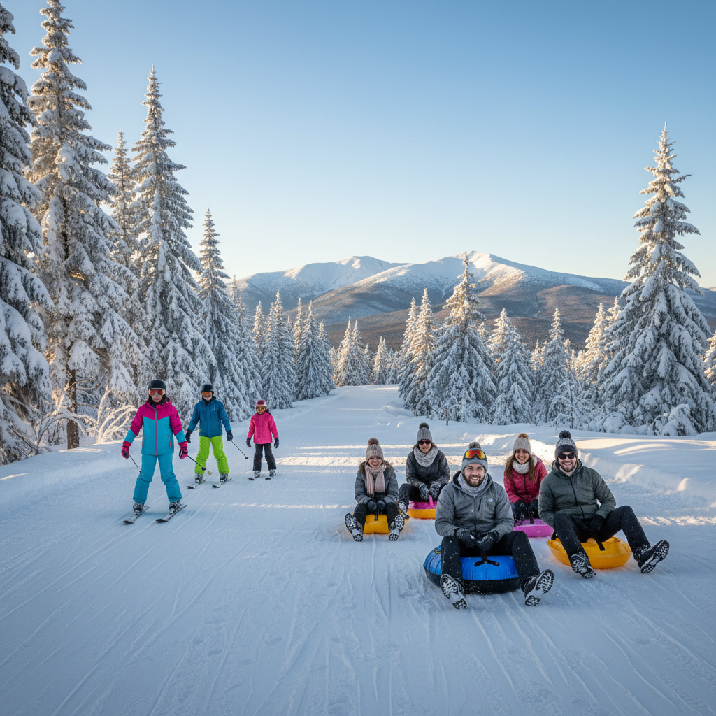 A breathtaking winter landscape of Campgaw Mountain Reservation in Bergen County, NJ. In the foreground, a snow-covered path winds through a grove of tall, evergreen trees, their branches heavy with fresh snow. To the left, a group of children in colorful winter coats engage in a joyful snowball fight, their laughter echoing through the serene surroundings. The middle ground features a gently rolling hill dotted with ski tracks and a small group of friends sledding down the slope, showcasing adventure in this seasonal playground. In the background, majestic mountains rise against a clear blue sky, capturing the essence of winter’s beauty. The scene is bathed in soft, golden sunlight, creating warmth and a sense of wonder. The atmosphere is cheerful and inviting, perfect for an outdoor adventure awaiting exploration.