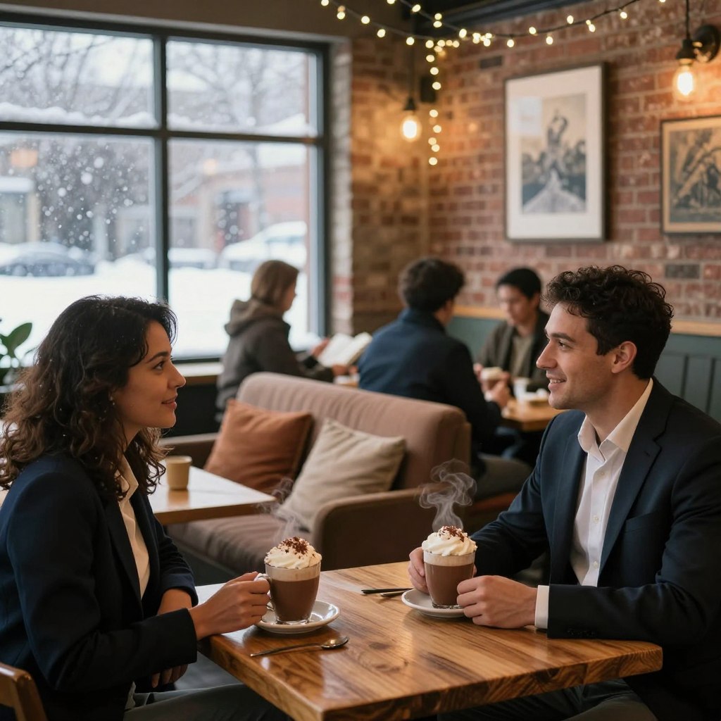 A cozy New Jersey café interior in winter, featuring a warm atmosphere with soft, ambient lighting. In the foreground, a rustic wooden table adorned with steaming mugs of hot chocolate, topped with whipped cream and a sprinkle of cocoa. In the middle, comfortable seating with plush cushions, and a few patrons in modest casual attire engaged in conversation or reading, adding a lively yet intimate ambiance. The background showcases a brick wall adorned with local art and twinkling fairy lights, enhancing the cozy vibe. A large window reveals gently falling snowflakes outside, creating a picturesque winter setting. The scene is captured with a slightly blurred depth of field to emphasize the warmth inside.