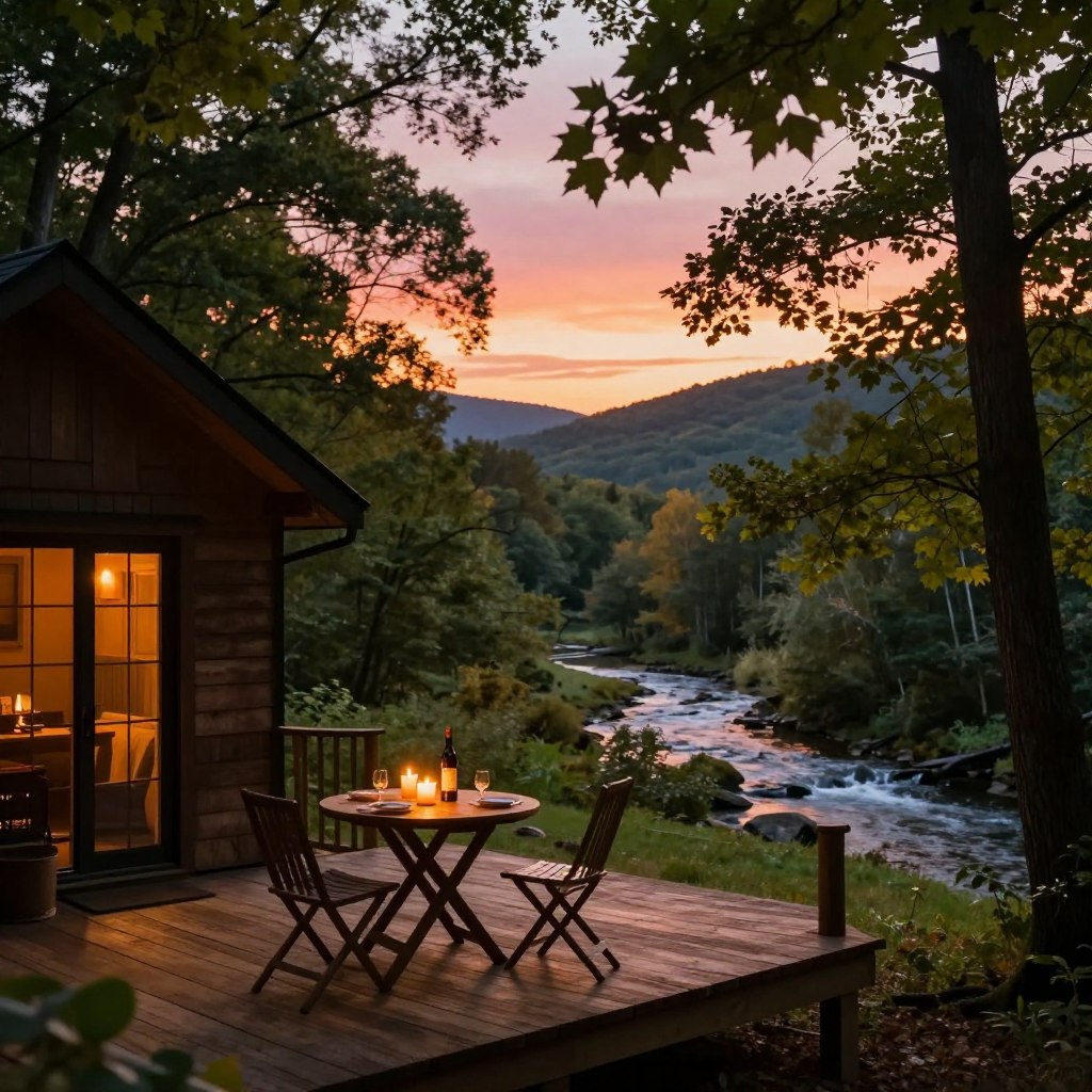 A cozy cabin nestled in the serene woods of New Jersey on a romantic weekend getaway. In the foreground, a rustic wooden deck adorned with a small table set for two, complete with glowing candles and a bottle of wine, conveys an intimate atmosphere. In the middle, lush green trees frame the scene, while a gentle stream flows nearby, adding a sense of tranquility. The background showcases rolling hills under a soft sunset, with warm oranges and pinks illuminating the sky, creating a dreamy ambiance. Warm, golden light filters through the leaves, casting playful shadows. The composition should evoke feelings of warmth, romance, and adventure, perfect for couples seeking an escape. Use a soft-focus lens effect to enhance the intimate and peaceful mood. A cozy cabin nestled in the serene woods of New Jersey on a romantic weekend getaway. In the foreground, a rustic wooden deck adorned with a small table set for two, complete with glowing candles and a bottle of wine, conveys an intimate atmosphere. In the middle, lush green trees frame the scene, while a gentle stream flows nearby, adding a sense of tranquility. The background showcases rolling hills under a soft sunset, with warm oranges and pinks illuminating the sky, creating a dreamy ambiance. Warm, golden light filters through the leaves, casting playful shadows. The composition should evoke feelings of warmth, romance, and adventure, perfect for couples seeking an escape. Use a soft-focus lens effect to enhance the intimate and peaceful mood.