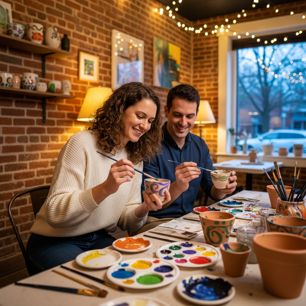 A cozy café setting in New Jersey, featuring a couple engaged in a unique activity, such as painting pottery together at a table adorned with art supplies. The foreground showcases their hands gently holding paintbrushes, with colorful pots and paints visible. In the middle ground, the couple is smiling, dressed in modest casual clothing, surrounded by warm, ambient lighting that creates a welcoming atmosphere. The background displays rustic brick walls and shelves filled with art pieces, evoking a creative vibe. The scene is captured with a soft-focus lens to enhance the warm, romantic mood, suggesting a playful and intimate Valentine's Day outing.
