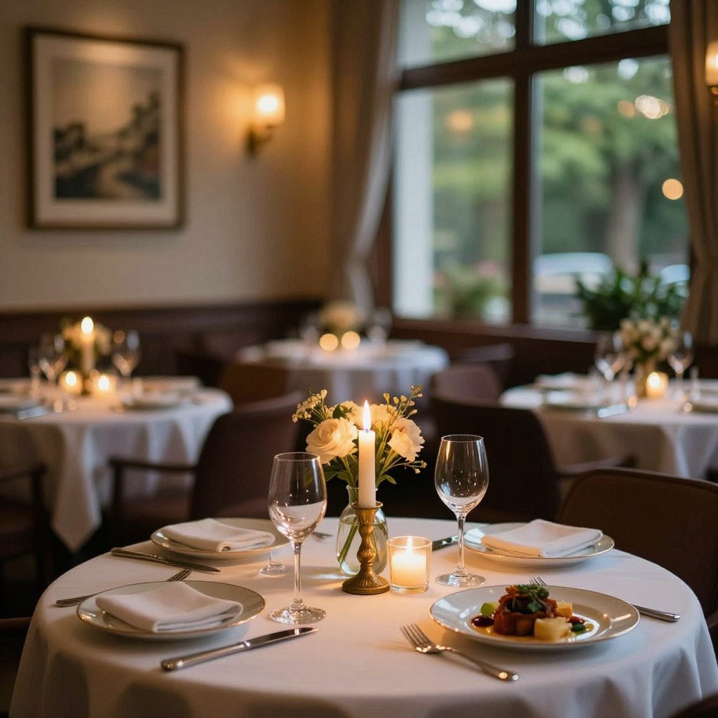 A cozy romantic dining setting in Bergen County, surrounded by elegant decor. In the foreground, a beautifully set table for two, featuring fine china, sparkling glassware, and flickering candles casting a warm glow. The middle ground showcases a vase of fresh flowers and an exquisite meal artfully plated. In the background, a softly lit restaurant atmosphere with tasteful artwork on the walls and a view of lush greenery through large windows. The scene captures an intimate and inviting ambiance with soft, ambient lighting. Use a slight depth of field to emphasize the table and create a bokeh effect in the background, enhancing the overall romantic feel of the dining experience. A cozy romantic dining setting in Bergen County, surrounded by elegant decor. In the foreground, a beautifully set table for two, featuring fine china, sparkling glassware, and flickering candles casting a warm glow. The middle ground showcases a vase of fresh flowers and an exquisite meal artfully plated. In the background, a softly lit restaurant atmosphere with tasteful artwork on the walls and a view of lush greenery through large windows. The scene captures an intimate and inviting ambiance with soft, ambient lighting. Use a slight depth of field to emphasize the table and create a bokeh effect in the background, enhancing the overall romantic feel of the dining experience.
