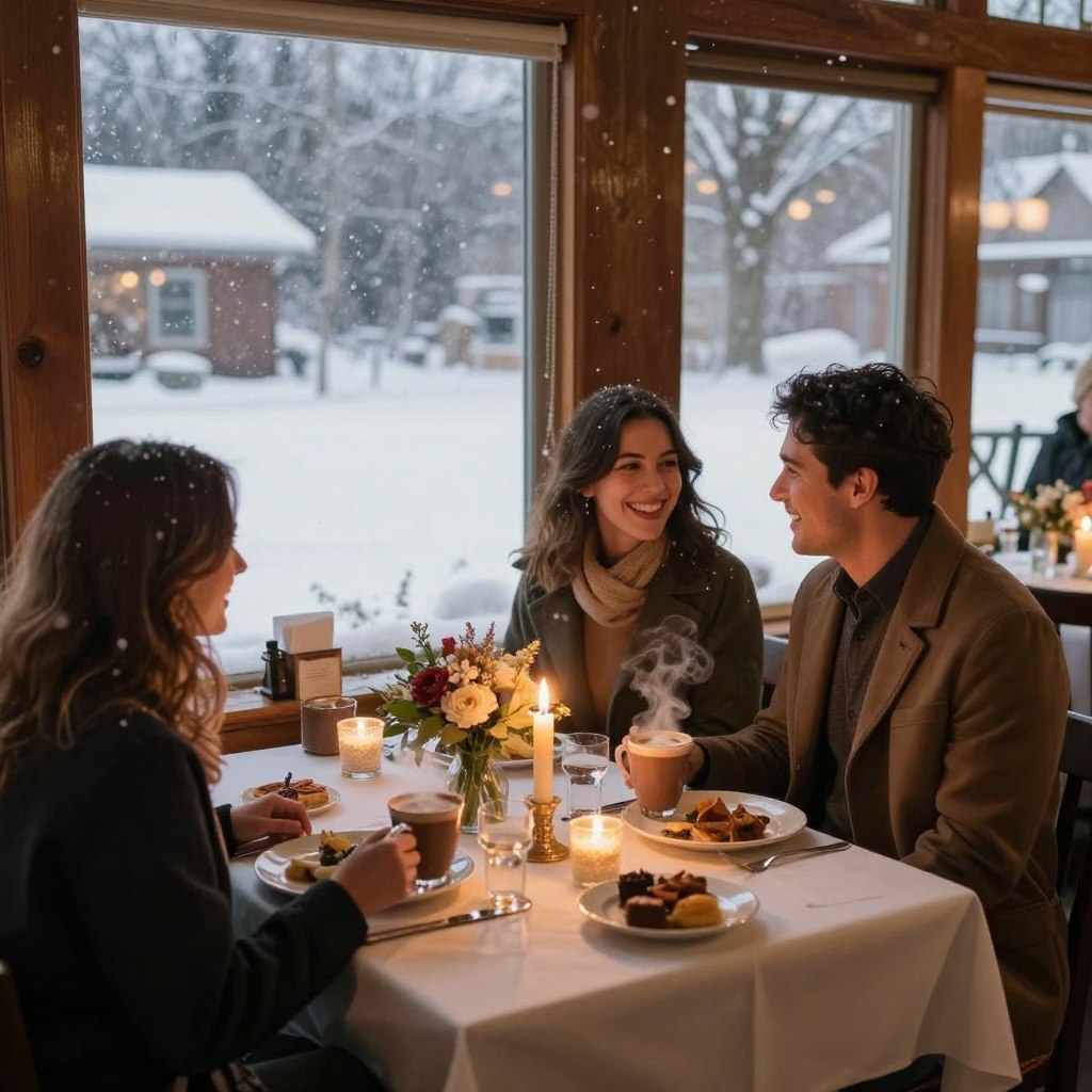 A cozy, romantic winter dining scene set in a charming New Jersey restaurant. In the foreground, a beautifully adorned table for two features elegant dinnerware, flickering candles, and a bouquet of seasonal flowers. In the middle, a couple enjoys each other’s company, dressed in stylish yet modest winter attire, laughing and sharing a meal alongside steaming mugs of hot cocoa. In the background, large windows reveal a snow-covered landscape outside, with soft white snowflakes gently falling, creating a serene atmosphere. Warm, ambient lighting fills the room, casting a golden hue over the scene, evoking a sense of intimacy and warmth. Capture this magical moment from a slightly elevated angle to emphasize the enchanting winter charm.