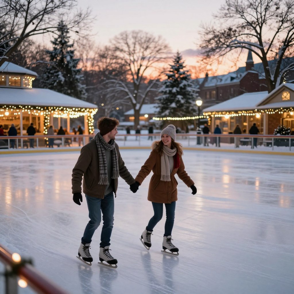 A cozy winter scene at an ice skating rink in New Jersey, ideal for couples. In the foreground, a pair of gentle, smiling couples, dressed in warm winter attire—stylish jackets, scarves, and hats—hold hands as they glide gracefully on the ice. The middle ground features a beautifully decorated rink with twinkling fairy lights and festive decorations, creating an inviting atmosphere. In the background, snow-covered trees and a soft, dusky sunset sky convey the magic of winter. The scene is softly illuminated with warm lighting, enhancing the romance of the moment. Capture this winter wonderland with a slightly elevated angle, showcasing both the couples and the enchanting surroundings, conveying a sense of joy and togetherness in the heart of winter.