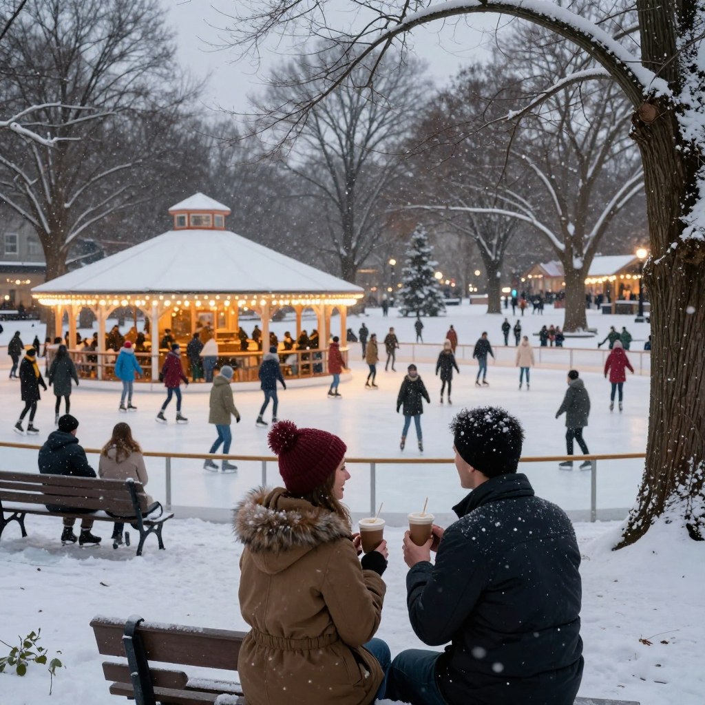 A cozy winter scene in New Jersey featuring a couple enjoying an affordable date on a budget. In the foreground, the couple, dressed in warm and casual winter attire, is sharing a hot cocoa while sitting on a park bench surrounded by snowy trees. In the middle ground, a quaint, rustic ice skating rink is bustling with families and friends, creating a joyful atmosphere. The background showcases softly falling snowflakes against a twilight sky, with warm golden lights illuminating the rink and nearby pathways. The image captures the warmth of togetherness amidst a winter wonderland, invoking feelings of romance and leisure. The lighting is soft and inviting, with the focus on the couple, while the wider scene conveys a sense of community and fun.