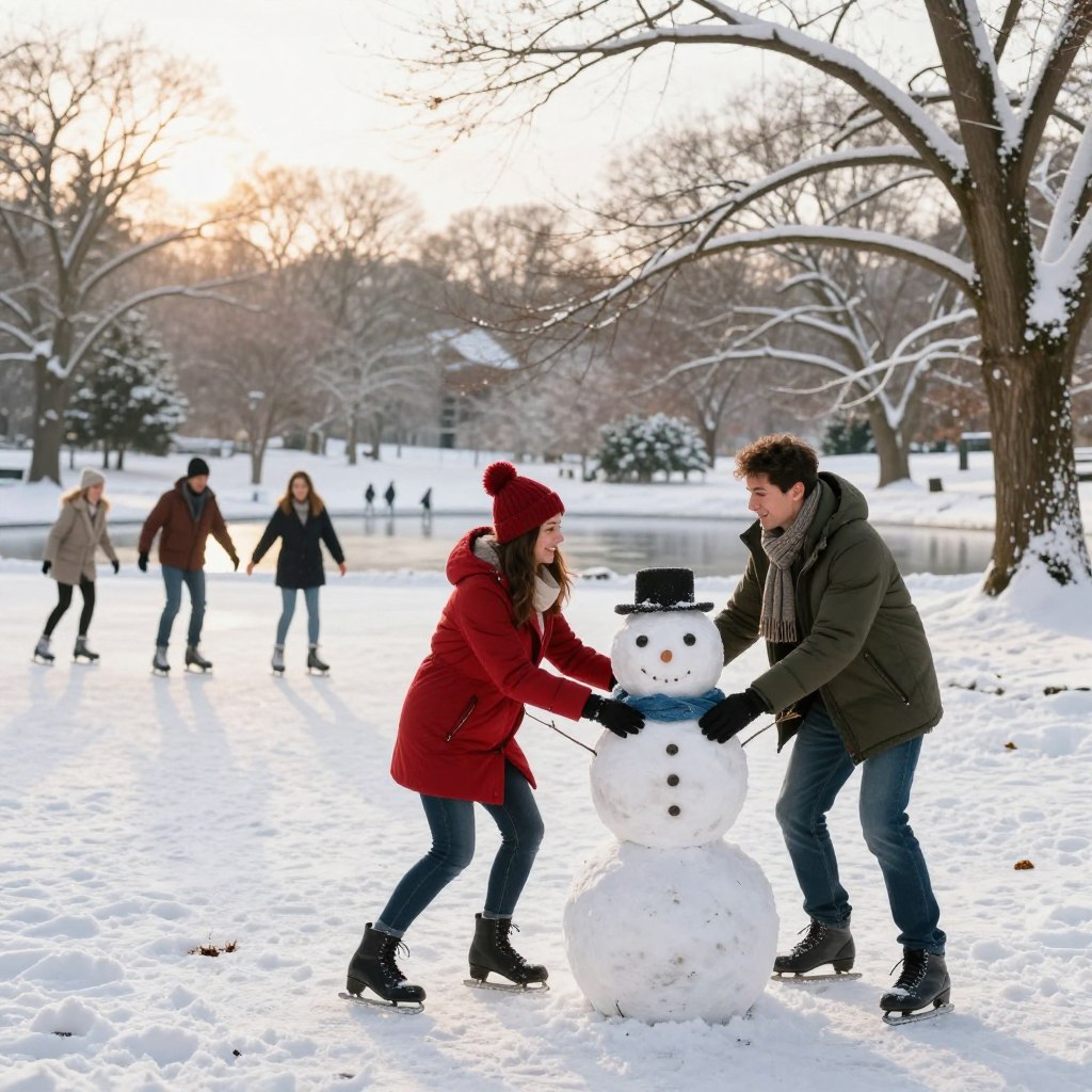 A cozy winter scene in New Jersey featuring a couple enjoying snow activities together. In the foreground, the couple, dressed in warm and stylish winter attire, are playfully building a snowman with a backdrop of a snow-covered park. The woman wears a bright red coat and a soft beanie, while the man sports a green puffer jacket and a scarf. In the middle ground, other couples can be seen ice skating on a frozen pond surrounded by snow-dusted trees. Soft, golden winter sunlight filters through the branches, casting a warm glow over the scene. The background features gentle hills blanketed in snow, creating a serene winter atmosphere, evoking feelings of warmth and togetherness. The image should have a bright, cheerful mood, highlighting the joy of outdoor winter adventures for couples.