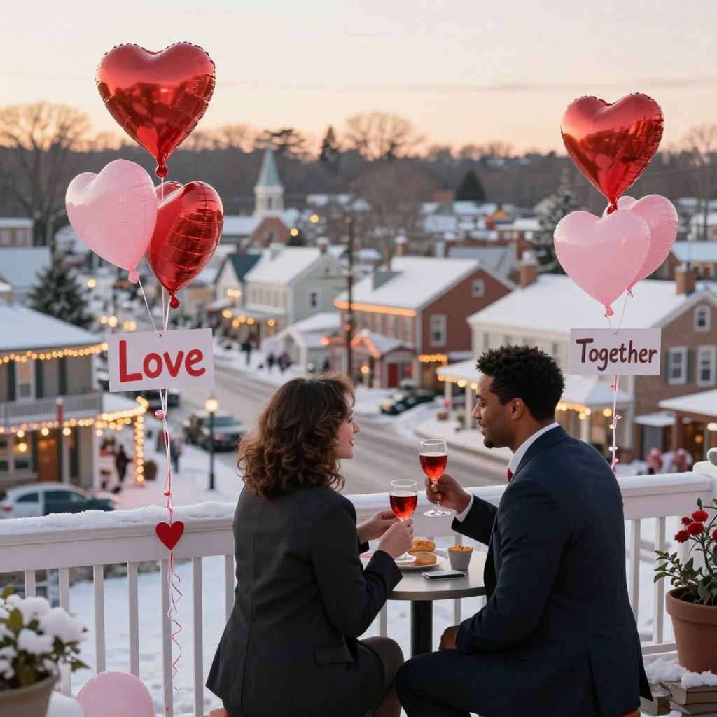 A cozy winter scene showcasing a couple enjoying budget-friendly Valentine's Day activities in New Jersey. In the foreground, depict a smiling couple, dressed in warm and casual attire, sharing a homemade picnic on a picnic blanket in a snow-dusted park. In the middle ground, include whimsical decorations like heart-shaped balloons and handmade signs showcasing words like "Love" and "Together." The background features a picturesque view of a quaint New Jersey town with snow-covered rooftops and twinkling lights. Soft, golden-hour lighting bathes the scene, creating a warm and romantic atmosphere with hints of pink and red from decorations. The overall mood is joyful and intimate, emphasizing connection and simplicity while celebrating love. No text, captions, or watermarks should be present.