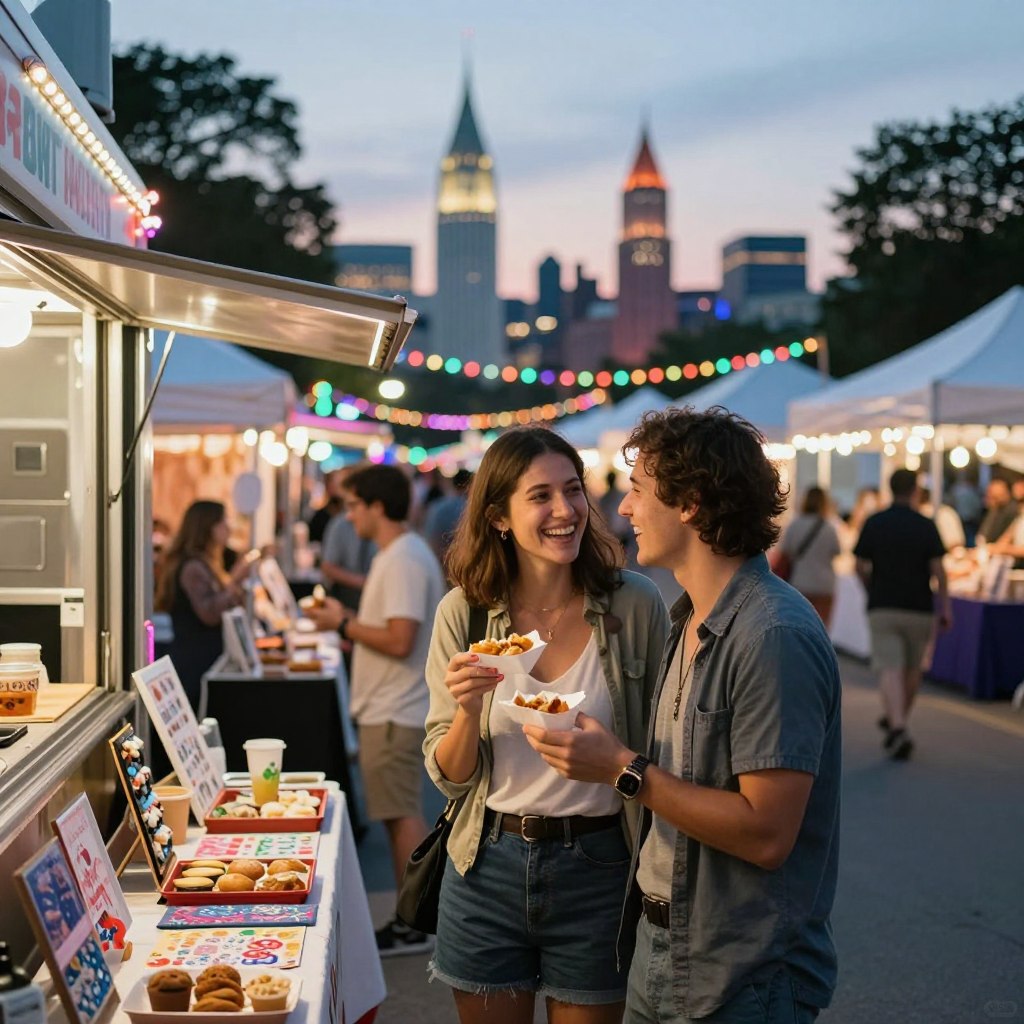 A joyful couple enjoying a unique date night in New Jersey, featuring a scenic backdrop of a vibrant outdoor festival at dusk, with colorful lights strung overhead. In the foreground, the couple, dressed in casual yet stylish clothing, is sharing a laugh while trying local street foods from a nearby food truck. The middle ground showcases various stalls offering handmade crafts and artisanal goods, with other couples also enjoying the atmosphere. The background features iconic New Jersey landmarks subtly illuminated by the warm glow of dusk, setting a romantic yet lively mood. Soft bokeh lighting effects enhance the festive ambiance, with a slightly blurred focus on the food truck to emphasize the couple's connection. A joyful couple enjoying a unique date night in New Jersey, featuring a scenic backdrop of a vibrant outdoor festival at dusk, with colorful lights strung overhead. In the foreground, the couple, dressed in casual yet stylish clothing, is sharing a laugh while trying local street foods from a nearby food truck. The middle ground showcases various stalls offering handmade crafts and artisanal goods, with other couples also enjoying the atmosphere. The background features iconic New Jersey landmarks subtly illuminated by the warm glow of dusk, setting a romantic yet lively mood. Soft bokeh lighting effects enhance the festive ambiance, with a slightly blurred focus on the food truck to emphasize the couple's connection.