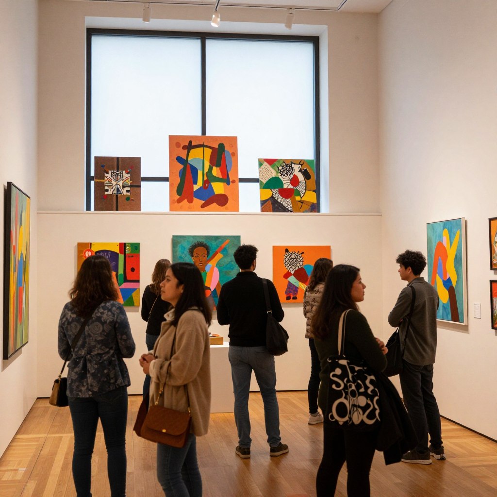 A lively art museum exhibition space in Union County, NJ, showcasing vibrant artworks from local artists. In the foreground, visitors of diverse backgrounds engage with the art, dressed in smart casual attire. The middle layer presents several colorful art pieces displayed on the walls, including abstract paintings and mixed media installations, with interactive exhibits inviting exploration. In the background, large windows allow natural light to flood the room, creating a warm and inviting atmosphere. Soft shadows accentuate the textures of the artwork while a subtle depth-of-field effect draws focus to the engaged visitors. The scene conveys a sense of cultural enrichment and community connection, highlighting the artistic spirit of Union County.