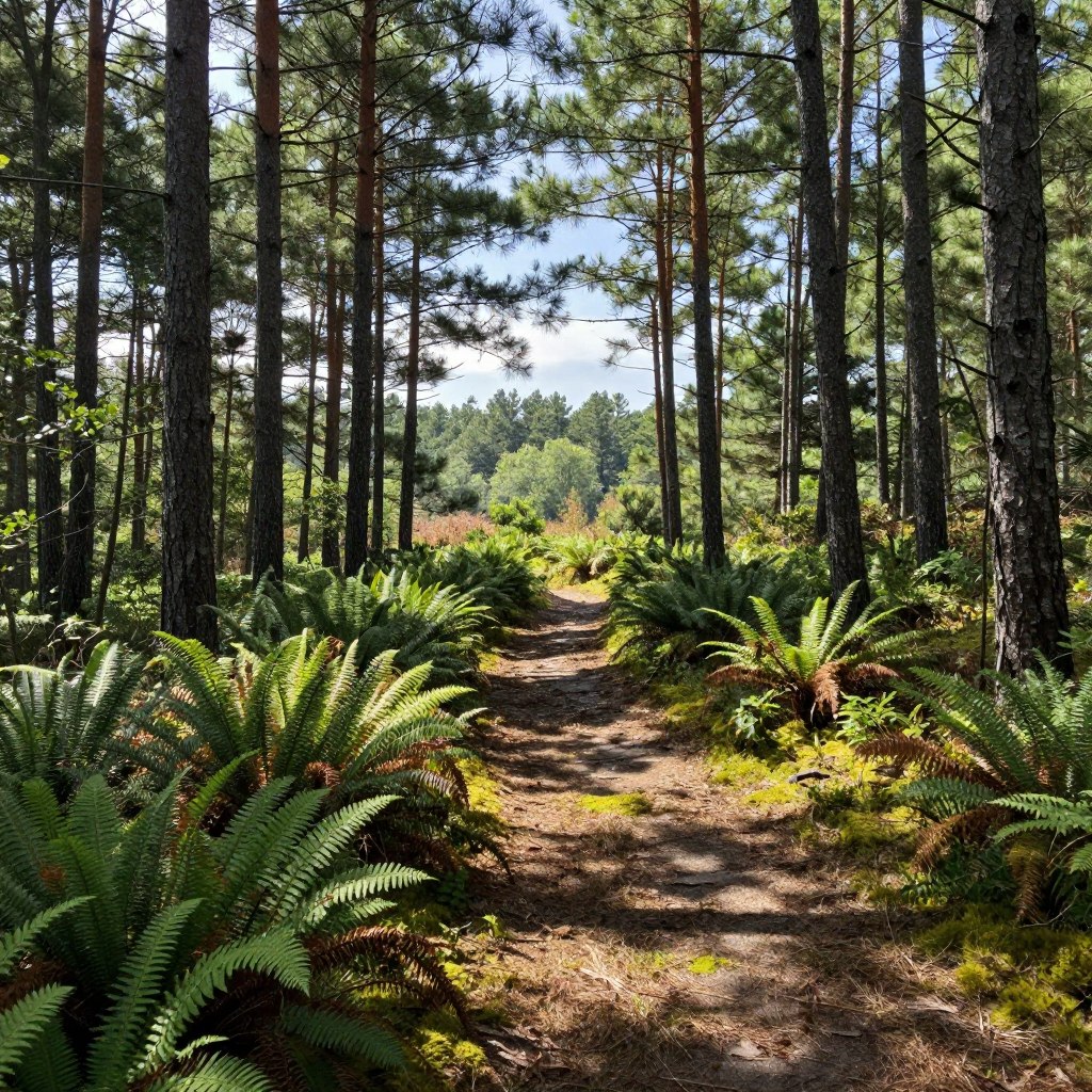 A peaceful scene of Wharton State Forest in the Pine Barrens of New Jersey, showcasing a winding hiking trail surrounded by tall, slender pine trees. In the foreground, lush green ferns and patches of soft moss line the trail, creating a textured carpet underfoot. The middle ground features the trail gently curving, inviting hikers to explore deeper into the forest. Sunlight filters through the canopy, casting dappled shadows on the ground, enhancing the serene atmosphere. The background reveals a hazy view of distant pine tree silhouettes against a soft blue sky, suggesting the vastness of the wilderness. The image should evoke a sense of tranquility and adventure, capturing the essence of hiking through this unique landscape at midday.