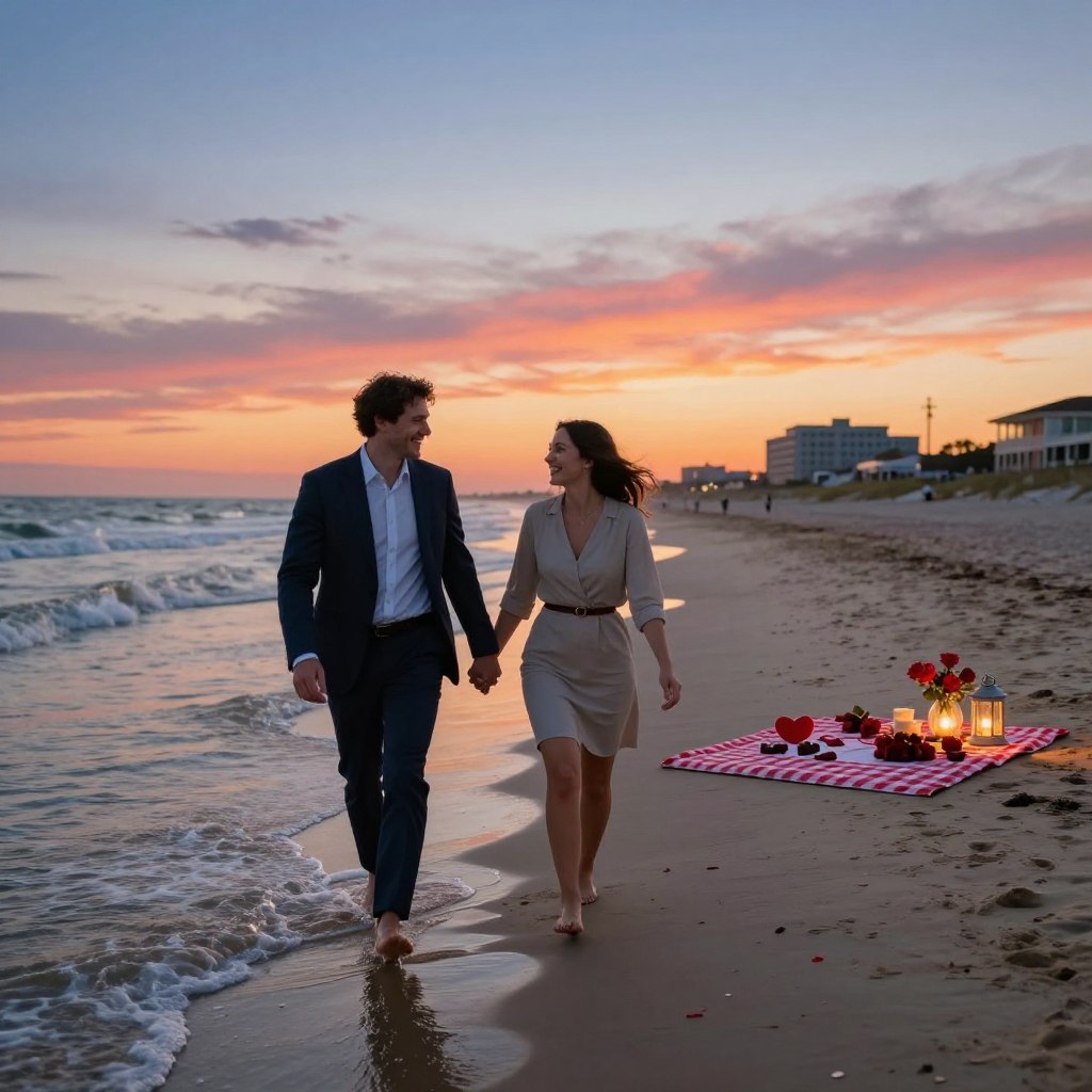 A picturesque Jersey Shore scene during Valentine's Day, featuring a couple in modest casual clothing, joyfully walking hand-in-hand along a sandy beach at sunset. The foreground includes soft waves gently lapping at their feet, creating a sense of intimacy. In the middle ground, a cozy picnic setup with a red-and-white checkered blanket adorned with roses and heart-shaped chocolates awaits under a beautifully lit lantern. The serene background showcases a colorful sky transitioning from oranges and pinks to deep blues as the sun sets, with the iconic Jersey Shore boardwalk silhouette in the distance. The overall mood is romantic and warm, perfectly capturing the essence of love and togetherness. Use natural lighting for a soft, dreamy effect, focusing the lens to highlight the couple’s joy.