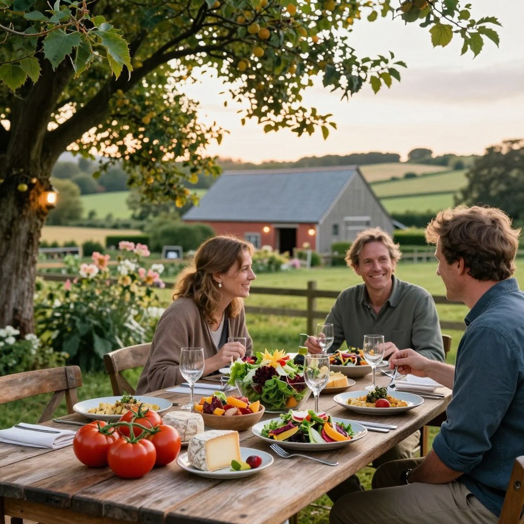 A picturesque farm-to-table dining scene in Sussex County, showcasing a rustic wooden table laden with vibrant, locally-sourced dishes. In the foreground, fresh heirloom tomatoes, artisanal cheeses, and a colorful salad made from seasonal greens. A couple of smiling diners in modest casual clothing enjoy the meal, surrounded by lush greenery. In the middle ground, soft ambient lighting from late afternoon sun filters through the leaves of fruit trees, enhancing the inviting atmosphere. The background features a charming, traditional barn and rolling hills dotted with farms, creating a sense of community and connection to nature. The mood is warm and inviting, evoking a cozy, genuine experience of local flavors and culinary traditions.