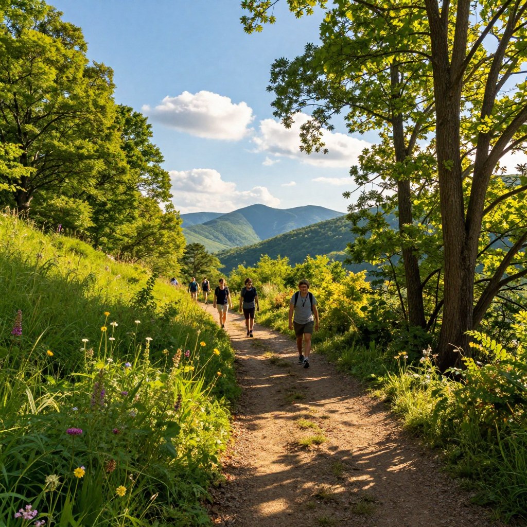 A picturesque hiking trail winding through the lush landscapes of New Jersey showcases vibrant greenery and diverse flora. In the foreground, a well-trodden dirt path bordered by wildflowers invites exploration, leading into a serene grove of tall trees with sunlight filtering through their leaves, creating dappled shadows on the ground. The middle ground reveals adventurers in modest casual attire, happily trekking along the trail, embodying the spirit of outdoor exploration. In the background, rolling hills and distant mountains paint a majestic skyline under a bright blue sky, with a few fluffy clouds lazily drifting by. The scene is bathed in warm, golden light, suggesting early morning or late afternoon, evoking a peaceful and invigorating atmosphere ideal for hiking enthusiasts.