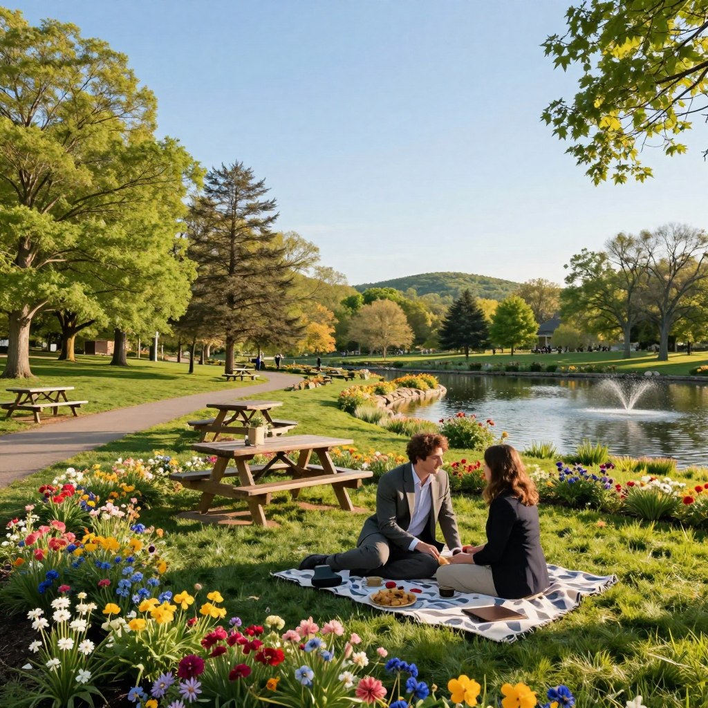 A picturesque outdoor scene in New Jersey showcasing ideal date locations, featuring a charming park setting with blooming flowers, lush greenery, and a serene pond. In the foreground, a couple dressed in smart casual attire enjoys a picnic on a stylish blanket, surrounded by colorful wildflowers. In the middle ground, picnic tables and walking paths are visible, lined with trees under a bright, clear blue sky. The background reveals gentle hills, and the warm glow of late afternoon sunlight casts soft shadows, enhancing the romantic atmosphere. The scene should evoke a sense of tranquility and connection, perfect for an outdoor date. Use a wide-angle lens for depth, capturing both intimate details and the expansive beauty of the garden state. A picturesque outdoor scene in New Jersey showcasing ideal date locations, featuring a charming park setting with blooming flowers, lush greenery, and a serene pond. In the foreground, a couple dressed in smart casual attire enjoys a picnic on a stylish blanket, surrounded by colorful wildflowers. In the middle ground, picnic tables and walking paths are visible, lined with trees under a bright, clear blue sky. The background reveals gentle hills, and the warm glow of late afternoon sunlight casts soft shadows, enhancing the romantic atmosphere. The scene should evoke a sense of tranquility and connection, perfect for an outdoor date. Use a wide-angle lens for depth, capturing both intimate details and the expansive beauty of the garden state.