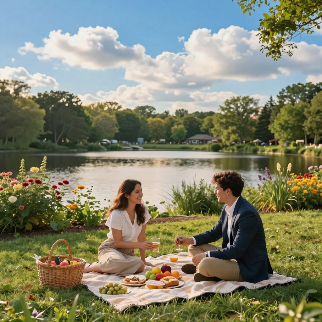A picturesque outdoor scene showcasing a romantic date in Bergen County, NJ. In the foreground, a young couple sits on a picnic blanket, enjoying a picnic filled with fruits and pastries, dressed in stylish yet casual attire. In the middle ground, lush greenery surrounds them, along with a vibrant flower garden and a few playful squirrels. A small, serene lake is in the background, reflecting the soft, golden hues of the late afternoon sun. The sky is a brilliant blue with fluffy white clouds drifting lazily by. The atmosphere is warm and inviting, capturing an essence of intimacy and joy. The scene is framed with gentle lighting, evoking a peaceful and romantic mood, perfect for outdoor date activities. A picturesque outdoor scene showcasing a romantic date in Bergen County, NJ. In the foreground, a young couple sits on a picnic blanket, enjoying a picnic filled with fruits and pastries, dressed in stylish yet casual attire. In the middle ground, lush greenery surrounds them, along with a vibrant flower garden and a few playful squirrels. A small, serene lake is in the background, reflecting the soft, golden hues of the late afternoon sun. The sky is a brilliant blue with fluffy white clouds drifting lazily by. The atmosphere is warm and inviting, capturing an essence of intimacy and joy. The scene is framed with gentle lighting, evoking a peaceful and romantic mood, perfect for outdoor date activities.