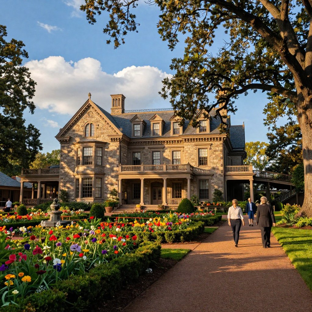A picturesque scene of Smithville Mansion in Burlington County, NJ, showcasing its stunning architecture and rich history. In the foreground, vibrant flowering gardens with well-maintained pathways invite visitors. The mansion's grand façade, featuring intricate stonework and large windows, sits prominently in the middle ground, framed by a canopy of mature oak trees. In the background, a clear blue sky with soft, fluffy clouds adds depth to the atmosphere. The lighting is warm and inviting, reminiscent of a late afternoon sun, casting gentle shadows that accentuate the mansion's details. A few visitors dressed in professional attire explore the gardens, capturing the spirit of a historic tour. The overall mood is serene and educational, emphasizing the rich heritage of the site. A picturesque scene of Smithville Mansion in Burlington County, NJ, showcasing its stunning architecture and rich history. In the foreground, vibrant flowering gardens with well-maintained pathways invite visitors. The mansion's grand façade, featuring intricate stonework and large windows, sits prominently in the middle ground, framed by a canopy of mature oak trees. In the background, a clear blue sky with soft, fluffy clouds adds depth to the atmosphere. The lighting is warm and inviting, reminiscent of a late afternoon sun, casting gentle shadows that accentuate the mansion's details. A few visitors dressed in professional attire explore the gardens, capturing the spirit of a historic tour. The overall mood is serene and educational, emphasizing the rich heritage of the site.