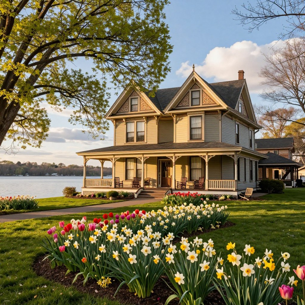 A picturesque scene of Victorian inns in Spring Lake, New Jersey during springtime. In the foreground, a beautifully landscaped garden filled with vibrant blooming flowers, including tulips and daffodils, leading up to an elegant Victorian inn with intricate woodwork and a spacious porch adorned with rocking chairs. In the middle ground, the inn’s welcoming entrance framed by lush green trees swaying gently in the spring breeze, with sunlight filtering through the leaves casting dappled shadows. In the background, a serene lake reflecting the clear blue sky and fluffy white clouds. Soft, warm lighting enhances the romantic, timeless atmosphere, evoking a sense of nostalgia and tranquility. The scene captures the essence of a romantic getaway, perfect for couples seeking an enchanting escape. A picturesque scene of Victorian inns in Spring Lake, New Jersey during springtime. In the foreground, a beautifully landscaped garden filled with vibrant blooming flowers, including tulips and daffodils, leading up to an elegant Victorian inn with intricate woodwork and a spacious porch adorned with rocking chairs. In the middle ground, the inn’s welcoming entrance framed by lush green trees swaying gently in the spring breeze, with sunlight filtering through the leaves casting dappled shadows. In the background, a serene lake reflecting the clear blue sky and fluffy white clouds. Soft, warm lighting enhances the romantic, timeless atmosphere, evoking a sense of nostalgia and tranquility. The scene captures the essence of a romantic getaway, perfect for couples seeking an enchanting escape.