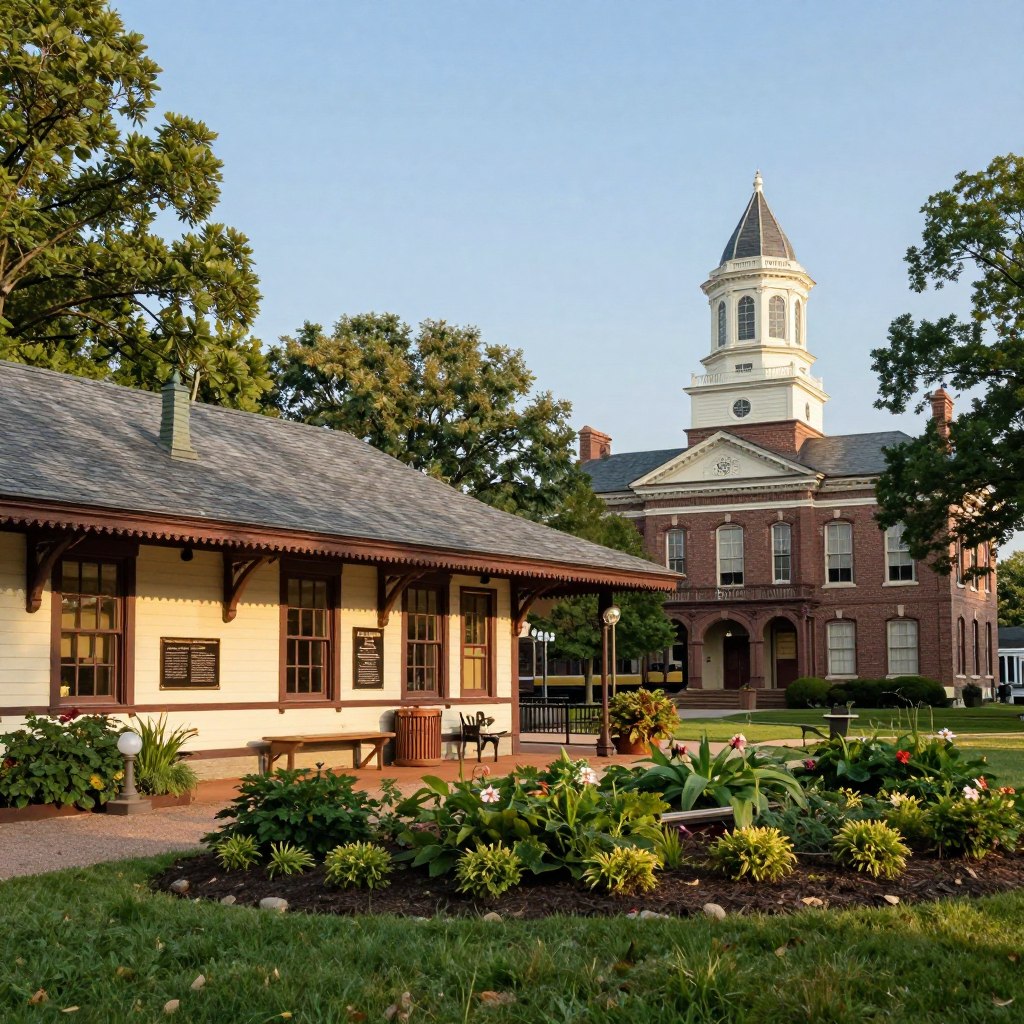 A picturesque scene showcasing historical sites and museums in Union County, NJ. In the foreground, a charming vintage train station with classic architecture, surrounded by lush greenery and well-maintained gardens. The middle ground features a serene museum with large windows, hints of intricate woodwork, and informational plaques on its walls. In the background, a landmark like the Union County Courthouse stands proudly against a clear blue sky. Soft, warm sunlight bathes the landscape, casting gentle shadows that enhance the feeling of nostalgia. The composition is balanced and inviting, evoking a sense of exploration and community pride. A slight depth of field blurs the distant elements slightly, focusing the viewer's attention on the historical richness of Union County.