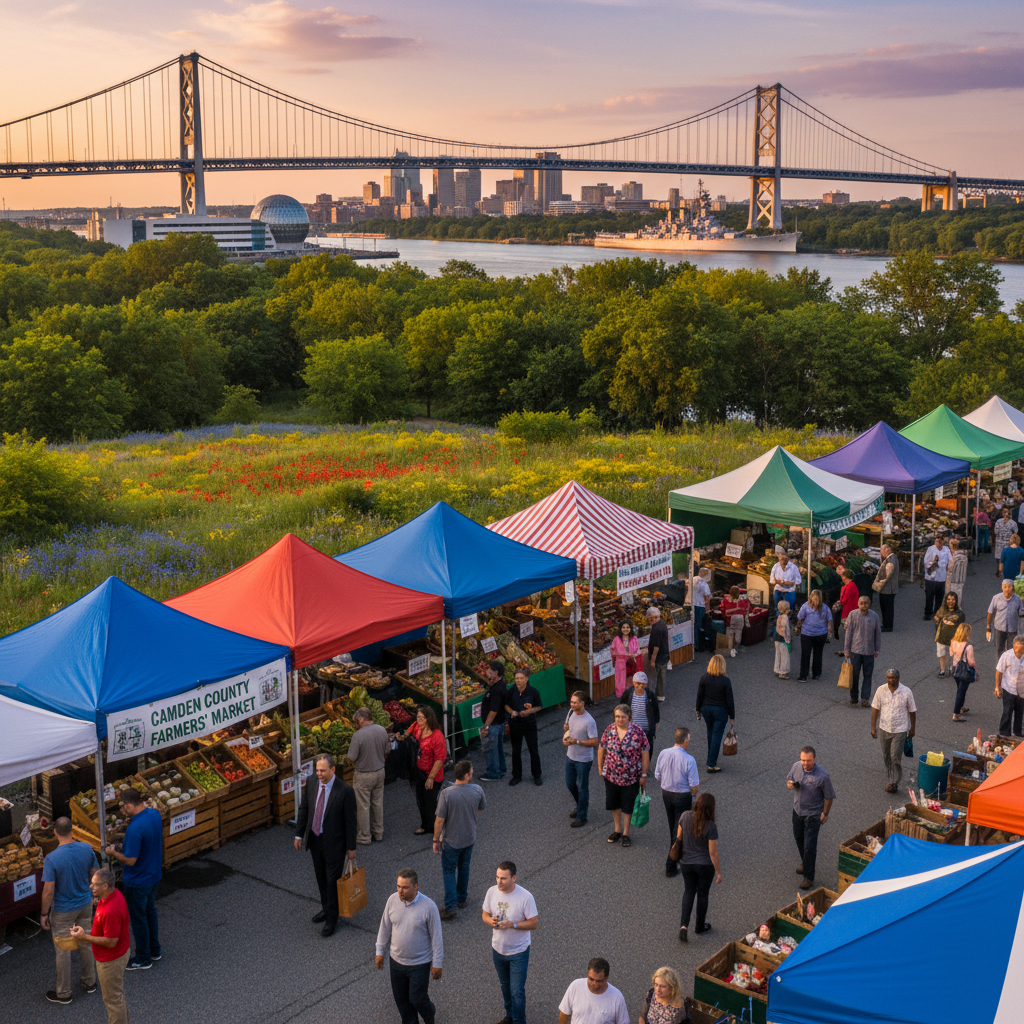 A picturesque scene showcasing the local attractions of Camden County, NJ. In the foreground, a vibrant farmers' market bustles with people dressed in casual clothing, sampling fresh produce and homemade goods under colorful tents. The middle ground features the iconic Walt Whitman Bridge, elegantly arching over the Cooper River, surrounded by lush greenery and blooming flowers. In the background, the historic Camden waterfront boasts attractions like the Adventure Aquarium and the battleship New Jersey, with the city skyline softly illuminated by the warm golden hour light. The atmosphere is lively and inviting, suggesting a sense of community and discovery. Capture this with a wide-angle lens to provide depth and richness to the scene, emphasizing the warmth and charm of Camden County's hidden gems.