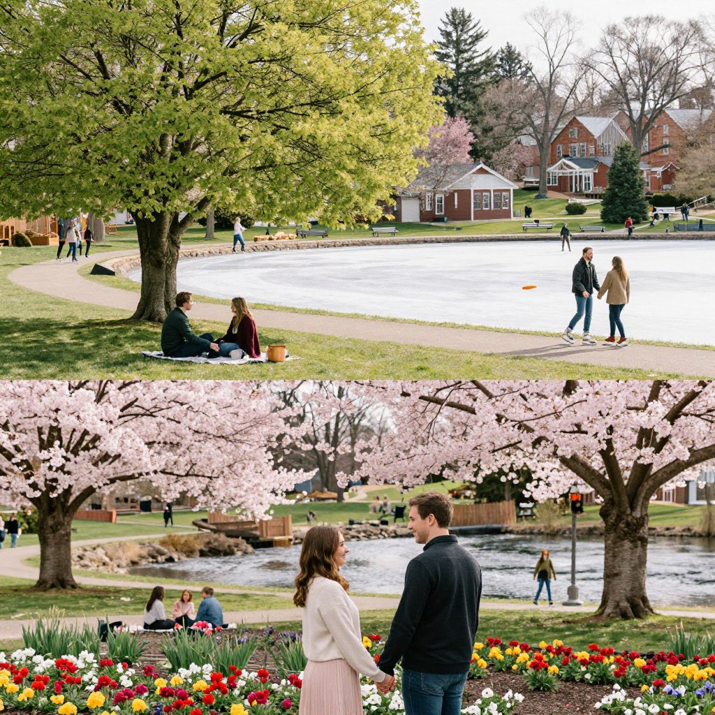 A picturesque seasonal dating scene in Bergen County, New Jersey, showcasing four couples enjoying romantic activities during spring, summer, fall, and winter. In the foreground, a couple holds hands in a blooming flower garden, surrounded by vibrant cherry blossoms. The middle layer features another couple picnicking under a lush, green tree, with a gently flowing river nearby, while a group of friends play frisbee in a sunny park. In the background, a couple is ice skating on a frozen pond, with snow-covered trees framing the scene. Soft, warm lighting captures the cozy atmosphere of each season. Use a wide-angle lens to create depth, emphasizing the transitions between seasons while encapsulating the romance of each activity. The mood is joyful and heartwarming, perfect for illustrating seasonal romance. A picturesque seasonal dating scene in Bergen County, New Jersey, showcasing four couples enjoying romantic activities during spring, summer, fall, and winter. In the foreground, a couple holds hands in a blooming flower garden, surrounded by vibrant cherry blossoms. The middle layer features another couple picnicking under a lush, green tree, with a gently flowing river nearby, while a group of friends play frisbee in a sunny park. In the background, a couple is ice skating on a frozen pond, with snow-covered trees framing the scene. Soft, warm lighting captures the cozy atmosphere of each season. Use a wide-angle lens to create depth, emphasizing the transitions between seasons while encapsulating the romance of each activity. The mood is joyful and heartwarming, perfect for illustrating seasonal romance.