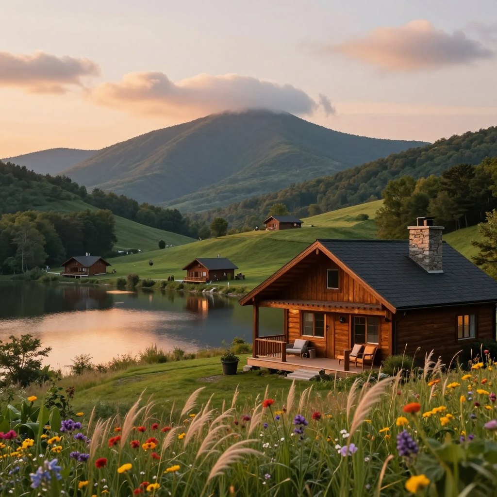 A picturesque setting showcasing scenic mountain cabins nestled in the lush, rolling hills of New Jersey during the golden hour. In the foreground, a charming wooden cabin with a stone chimney and a porch adorned with cozy seating invites relaxation, surrounded by vibrant wildflowers and tall grasses swaying gently in the breeze. The middle ground features a serene lake reflecting the warm hues of the sunset, with additional cabins dotting the shoreline, each exuding rustic charm. In the background, majestic mountains rise against a soft, pastel sky, partially shrouded in wispy clouds. The overall mood is tranquil and romantic, perfect for a secluded retreat, with soft, diffused lighting accentuating the warm tones of the scene. Ideal for an intimate getaway. A picturesque setting showcasing scenic mountain cabins nestled in the lush, rolling hills of New Jersey during the golden hour. In the foreground, a charming wooden cabin with a stone chimney and a porch adorned with cozy seating invites relaxation, surrounded by vibrant wildflowers and tall grasses swaying gently in the breeze. The middle ground features a serene lake reflecting the warm hues of the sunset, with additional cabins dotting the shoreline, each exuding rustic charm. In the background, majestic mountains rise against a soft, pastel sky, partially shrouded in wispy clouds. The overall mood is tranquil and romantic, perfect for a secluded retreat, with soft, diffused lighting accentuating the warm tones of the scene. Ideal for an intimate getaway.