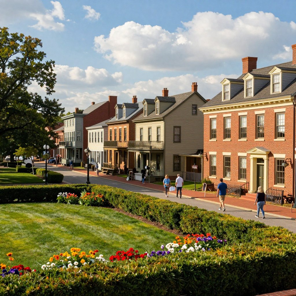 A picturesque view of Bordentown and Moorestown, showcasing their charming historic architecture. In the foreground, a well-manicured park with vibrant flowers and manicured hedges leading the eye towards a quaint street lined with 19th-century buildings, displaying a mix of brick facades and wooden structures. The middle ground features locals in modest casual clothing strolling along the sidewalk, enjoying the vibrant atmosphere. The background reveals a blue sky with fluffy white clouds, illuminating the scene with warm afternoon sunlight. Capture the serene, inviting mood and emphasize the sense of community and history that define these two towns. Use a slight aerial angle for depth, with a focus on color and warmth to evoke a sense of charm and nostalgia. A picturesque view of Bordentown and Moorestown, showcasing their charming historic architecture. In the foreground, a well-manicured park with vibrant flowers and manicured hedges leading the eye towards a quaint street lined with 19th-century buildings, displaying a mix of brick facades and wooden structures. The middle ground features locals in modest casual clothing strolling along the sidewalk, enjoying the vibrant atmosphere. The background reveals a blue sky with fluffy white clouds, illuminating the scene with warm afternoon sunlight. Capture the serene, inviting mood and emphasize the sense of community and history that define these two towns. Use a slight aerial angle for depth, with a focus on color and warmth to evoke a sense of charm and nostalgia.