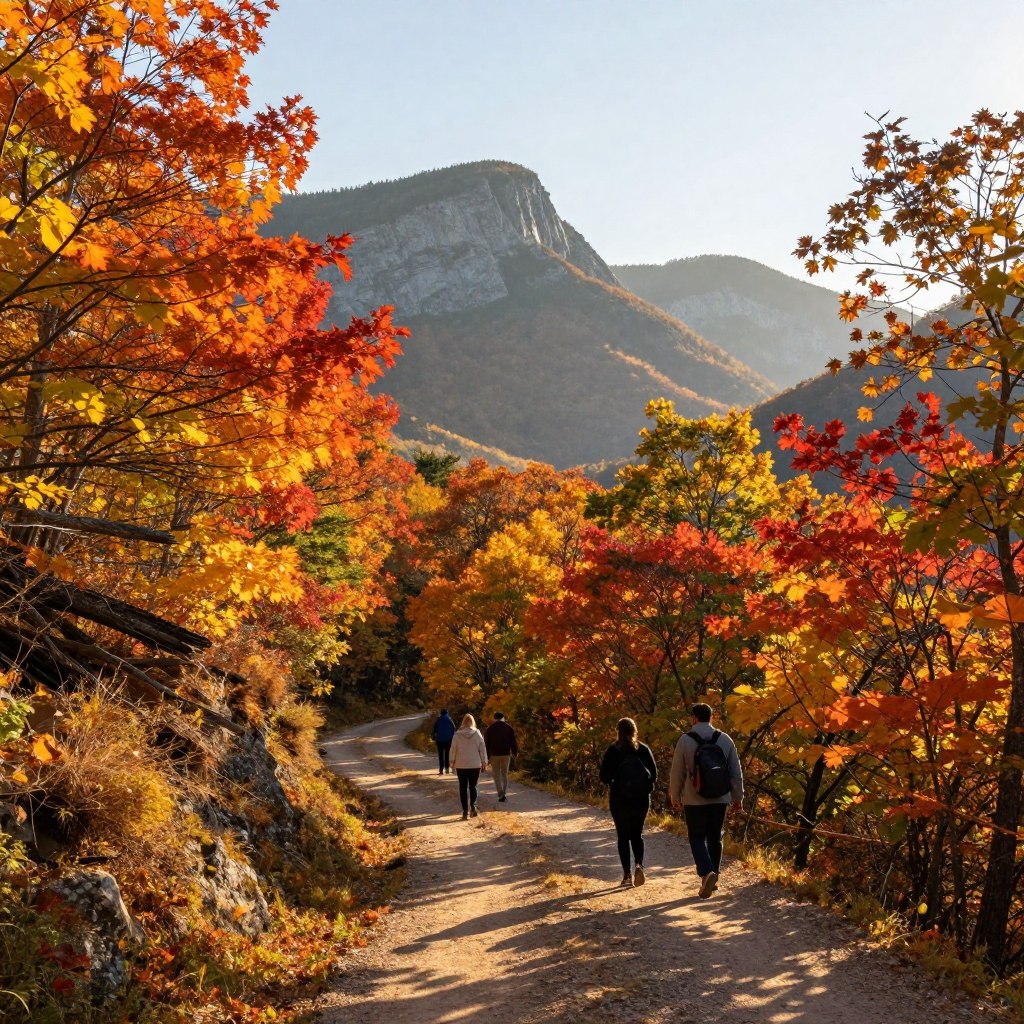 A picturesque view of Delaware Water Gap hiking trails during golden hour, capturing the vibrant autumn foliage with a diverse mix of orange, red, and yellow leaves in the foreground. Tall, rugged mountains rise majestically in the background, shrouded in a light mist, creating a sense of depth. A well-trodden dirt path winds through the scene, inviting hikers to explore further. A few hikers, dressed in casual, modest outdoor clothing, are seen enjoying their trek, adding life to the serene atmosphere. The sunlight filters through the trees, casting dappled shadows on the ground, enhancing the tranquil yet adventurous mood of this natural wonder. The scene is captured with a wide-angle lens to encompass the full beauty of the landscape.