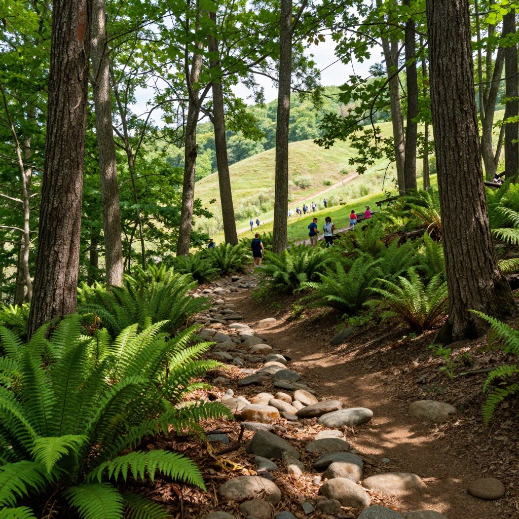A picturesque view of Worthington State Forest's hiking trails in New Jersey, capturing a serene woodland scene. In the foreground, a winding dirt path bordered by vibrant green ferns and smooth river stones leads the eye into the forest. The middle ground showcases towering trees with rich, textured bark, their leaves creating a natural tapestry of greens. In the background, gently rolling hills rise, their slopes dotted with hiking enthusiasts dressed in casual outdoor attire, enjoying the tranquility of the area. Soft sunlight filters through the canopy, casting dappled shadows on the ground, enhancing the peaceful atmosphere. Use a wide-angle lens to capture the vastness of the forest and the depth of the trails, evoking a sense of adventure and exploration.