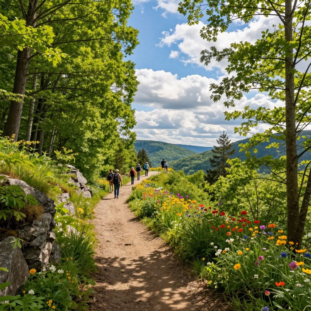 A picturesque view of the best hiking trails in Bergen County, showcasing a lush forest path surrounded by tall, vibrant green trees and colorful wildflowers in vivid bloom. In the foreground, a well-maintained dirt trail invites hikers, with healthy foliage and rocky outcrops adding detail. In the middle ground, a gentle slope leads up to a panoramic overlook, where hikers can be seen appreciating the scenic beauty, dressed in casual trekking gear. The background features rolling hills and a bright blue sky dotted with fluffy white clouds. Soft, warm sunlight filters through the leaves, creating a serene and inviting atmosphere. The image is captured from a slight elevation point, using a wide-angle lens to emphasize the expansive landscape.