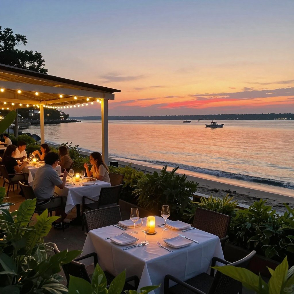 A picturesque waterfront dining scene at the Jersey Shore during sunset, capturing the essence of romance. In the foreground, a beautifully set table for two with elegant tableware and flickering candlelight, surrounded by lush greenery. In the middle ground, a cozy outdoor dining area with tasteful string lights illuminating the space, where couples share intimate moments over fine cuisine. The background features a tranquil view of the water reflecting the vibrant hues of the sunset, with gentle waves lapping against the shore and boats softly bobbing in the distance. The atmosphere is warm and inviting, evoking a sense of connection and tranquility, ideal for romantic getaways. The image is captured from a slightly elevated angle, enhancing the enchanting setting while maintaining a soft, dreamy quality to the lighting. A picturesque waterfront dining scene at the Jersey Shore during sunset, capturing the essence of romance. In the foreground, a beautifully set table for two with elegant tableware and flickering candlelight, surrounded by lush greenery. In the middle ground, a cozy outdoor dining area with tasteful string lights illuminating the space, where couples share intimate moments over fine cuisine. The background features a tranquil view of the water reflecting the vibrant hues of the sunset, with gentle waves lapping against the shore and boats softly bobbing in the distance. The atmosphere is warm and inviting, evoking a sense of connection and tranquility, ideal for romantic getaways. The image is captured from a slightly elevated angle, enhancing the enchanting setting while maintaining a soft, dreamy quality to the lighting.
