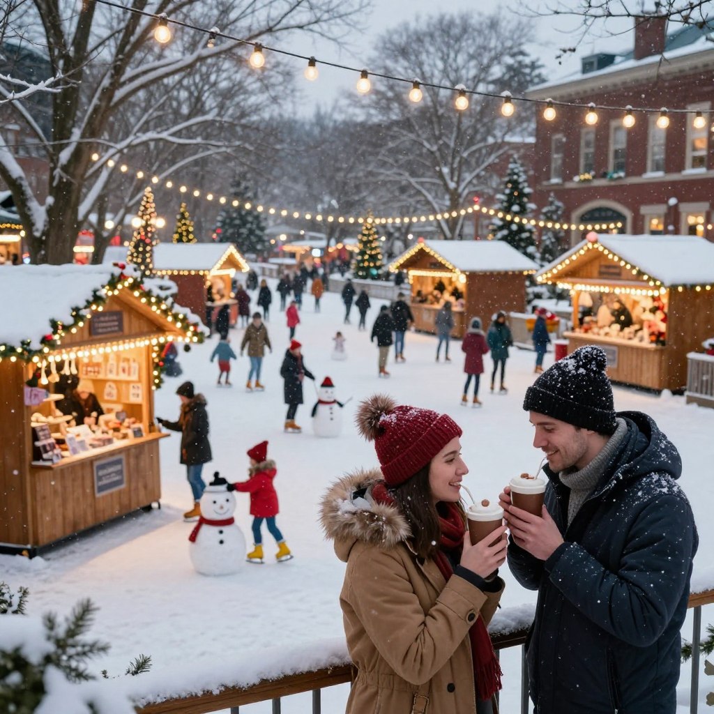 A picturesque winter scene depicting a cozy New Jersey winter festival for couples, featuring twinkling holiday lights strung across wooden booths selling crafts and seasonal treats. In the foreground, a couple dressed in warm winter attire, happily sipping hot chocolate, with snowflakes gently falling around them. In the middle ground, families and couples enjoying various festive activities like ice skating and children building snowmen, all under a canopy of glowing string lights. The background showcases snow-covered trees and a charming park or town square lit with vibrant holiday decorations. Soft, warm lighting creates a romantic atmosphere, evoking the joy and beauty of winter celebrations. The angle is slightly elevated, allowing for a sweeping view of the festival ambiance.