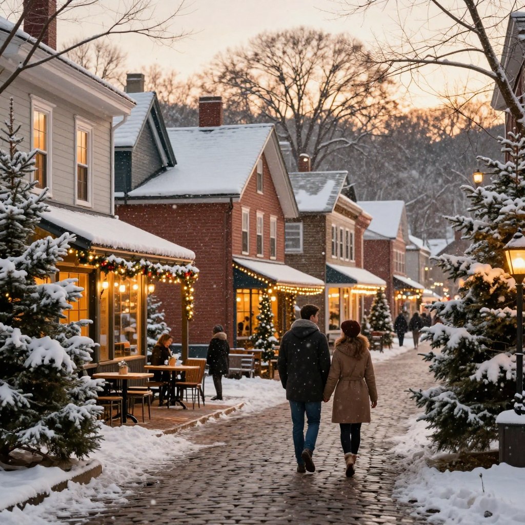 A picturesque winter scene in a charming New Jersey town, featuring a cobblestone street lined with quaint shops and cafés adorned with festive decorations. In the foreground, a couple dressed in cozy winter clothing stroll hand in hand, surrounded by snow-dusted evergreen trees. The middle ground showcases historic buildings with warm, glowing lights in the windows, hinting at the inviting atmosphere within. In the background, gently falling snowflakes catch the light, creating a magical ambiance. The scene is bathed in soft, warm lighting, reminiscent of a golden hour glow, enhancing the romantic and cozy mood of a winter getaway. Capture the intimacy and charm of the holiday season in a serene, snow-covered landscape.