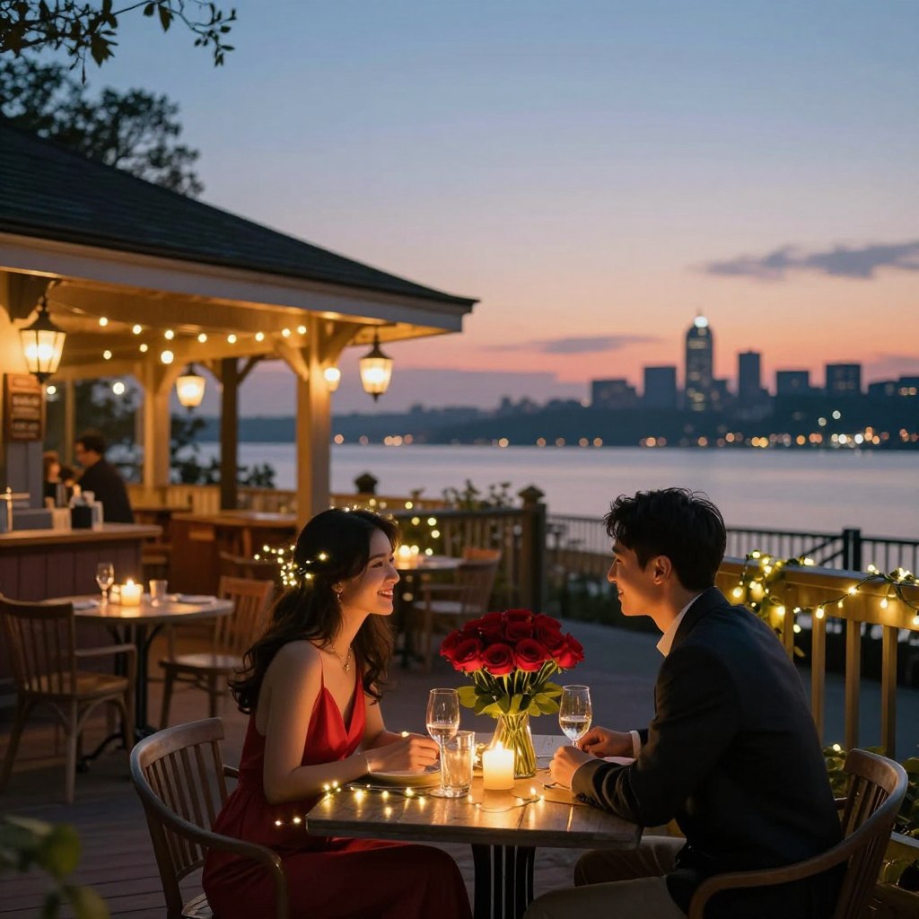 A romantic Valentine's Day evening scene in New Jersey, featuring a cozy outdoor table set for two, adorned with flickering candlelight and a beautiful bouquet of red roses. In the foreground, a couple dressed in elegant evening wear shares a warm smile, surrounded by twinkling fairy lights. The middle ground showcases a softly lit bistro with rustic charm, complete with vintage lanterns and wooden furniture. In the background, a serene view of the New Jersey skyline at dusk, with soft pastel hues painting the sky. Capture the intimate atmosphere with warm, inviting lighting, focusing on the ambiance and romance of the setting using a wide-angle lens to emphasize depth and connection. The mood is enchanting and love-filled, perfect for a memorable Valentine's Day evening.