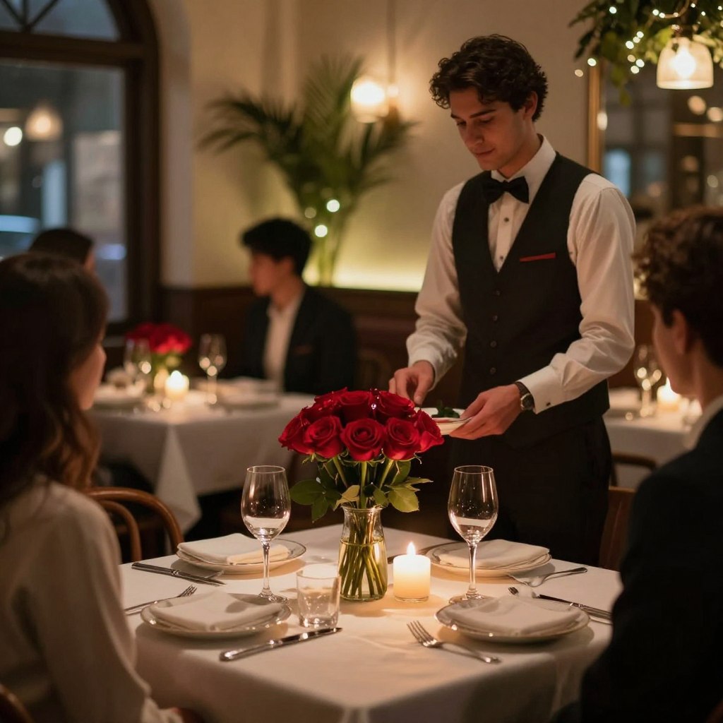 A romantic Valentine's dinner setting in a cozy, elegant restaurant in New Jersey. In the foreground, a beautifully arranged table for two, complete with flickering candles, fine china, and a delicate bouquet of red roses. The middle ground features soft, intimate lighting, casting a warm glow over the setting, with waitstaff in professional attire serving wine. The background showcases a softly blurred view of tasteful décor, perhaps a hint of other tables set for couples, lush greenery, and twinkling fairy lights. The atmosphere is serene and intimate, evoking feelings of love and connection, capturing the essence of an unforgettable dining experience for Valentine's Day. Shot with a shallow depth of field at a warm angle to enhance the inviting ambiance.