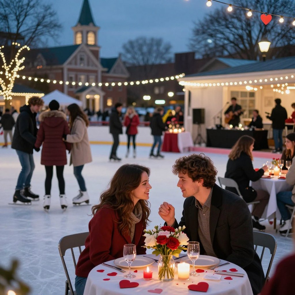 A romantic scene depicting Valentine's Day celebrations in New Jersey, featuring couples enjoying various events. In the foreground, a couple dressed in smart casual clothing is sharing a sweet moment with a candlelit dinner setup, surrounded by beautiful flowers and heart-shaped decorations. In the middle ground, diverse groups of people are engaging in activities like ice skating, attending a wine tasting event, and enjoying a live music performance, all under strings of twinkling lights. The background showcases iconic New Jersey landmarks illuminated at dusk, adding to the festive atmosphere. Soft, warm lighting enhances the cozy, loving mood of the scene, creating a heartfelt and inviting ambiance for Valentine's Day celebrations.