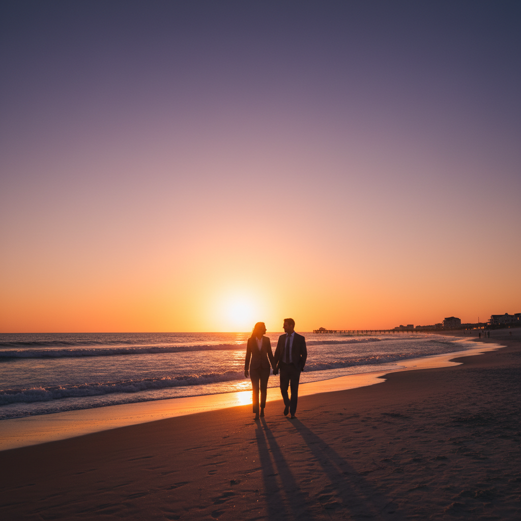 A romantic sunset at the Jersey Shore, capturing a picturesque scene where couples stroll along a sandy beach. In the foreground, two elegantly dressed individuals hold hands, their silhouettes framed against the warm glow of the setting sun. In the middle, beachgoers relax on colorful blankets, with a small picnic setup of classic Italian cuisine and soft drinks. The background features gentle waves lapping at the shore, and a vibrant sky transitioning from orange to deep purple. The scene is bathed in soft, golden hour lighting, evoking a dreamy, intimate atmosphere perfect for date nights. The image should feel warm and inviting, highlighting the romantic charm of the Jersey Shore without any text or distractions. A romantic sunset at the Jersey Shore, capturing a picturesque scene where couples stroll along a sandy beach. In the foreground, two elegantly dressed individuals hold hands, their silhouettes framed against the warm glow of the setting sun. In the middle, beachgoers relax on colorful blankets, with a small picnic setup of classic Italian cuisine and soft drinks. The background features gentle waves lapping at the shore, and a vibrant sky transitioning from orange to deep purple. The scene is bathed in soft, golden hour lighting, evoking a dreamy, intimate atmosphere perfect for date nights. The image should feel warm and inviting, highlighting the romantic charm of the Jersey Shore without any text or distractions.