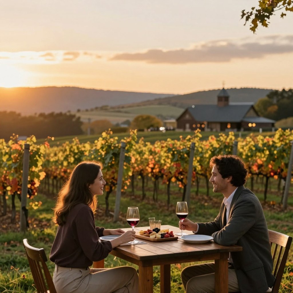 A romantic wine tasting experience in a beautiful New Jersey vineyard during sunset, featuring a cozy wooden table set for two with elegant wine glasses and a charcuterie board. In the foreground, a couple is seated, dressed in casual yet sophisticated attire, smiling and enjoying each other's company. The middle ground shows rows of lush grapevines bathed in warm golden light, with hints of fall foliage adding vibrant colors. In the background, the soft silhouette of rolling hills and a rustic winery can be seen against a colorful sky. The atmosphere is intimate and inviting, capturing the essence of a perfect date night. The image should have soft, warm lighting, a slight bokeh effect to emphasize the couple, and a wide-angle perspective to capture the scenic surroundings. A romantic wine tasting experience in a beautiful New Jersey vineyard during sunset, featuring a cozy wooden table set for two with elegant wine glasses and a charcuterie board. In the foreground, a couple is seated, dressed in casual yet sophisticated attire, smiling and enjoying each other's company. The middle ground shows rows of lush grapevines bathed in warm golden light, with hints of fall foliage adding vibrant colors. In the background, the soft silhouette of rolling hills and a rustic winery can be seen against a colorful sky. The atmosphere is intimate and inviting, capturing the essence of a perfect date night. The image should have soft, warm lighting, a slight bokeh effect to emphasize the couple, and a wide-angle perspective to capture the scenic surroundings.