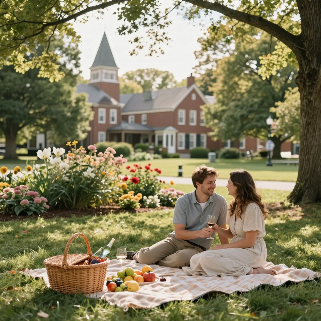 A scenic view of Bergen County, NJ, featuring a romantic weekend date setup. In the foreground, a beautifully arranged picnic blanket with a wicker basket, fresh fruit, and wine glasses, set in a tranquil park. In the middle ground, a charming couple in modest casual clothing, sitting together, laughing and enjoying each other's company, surrounded by blooming flowers and lush greenery. In the background, classic New Jersey architecture peeks through, with soft sunlight filtering through the leaves, creating a warm and inviting atmosphere. The scene captures a dreamy afternoon, emphasizing connection and intimacy. The lighting is soft and warm, taken with a shallow depth of field for a soft focus effect, enhancing the romantic ambiance. A scenic view of Bergen County, NJ, featuring a romantic weekend date setup. In the foreground, a beautifully arranged picnic blanket with a wicker basket, fresh fruit, and wine glasses, set in a tranquil park. In the middle ground, a charming couple in modest casual clothing, sitting together, laughing and enjoying each other's company, surrounded by blooming flowers and lush greenery. In the background, classic New Jersey architecture peeks through, with soft sunlight filtering through the leaves, creating a warm and inviting atmosphere. The scene captures a dreamy afternoon, emphasizing connection and intimacy. The lighting is soft and warm, taken with a shallow depth of field for a soft focus effect, enhancing the romantic ambiance.