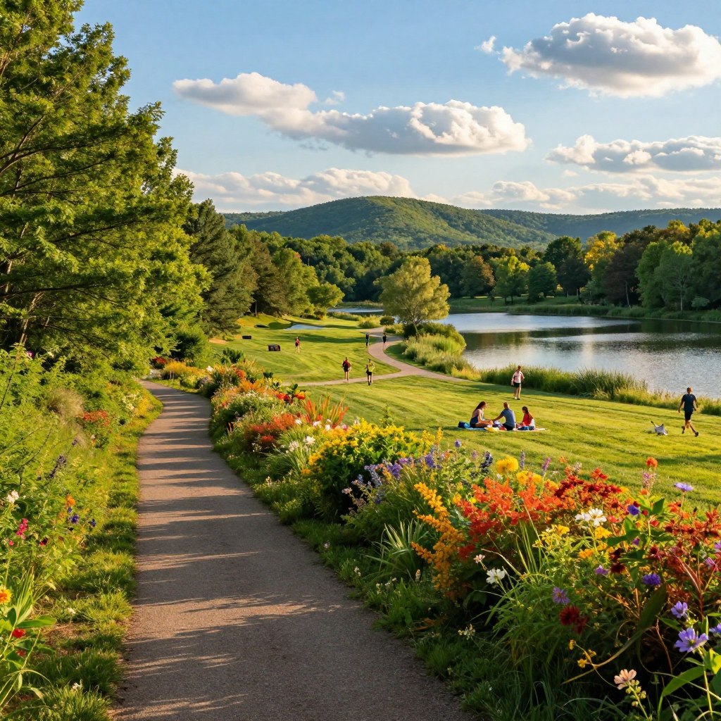 A scenic view of Union County's outdoor trails, featuring a diverse landscape with lush greenery, vibrant wildflowers, and winding paths. In the foreground, a well-maintained hiking trail bordered by tall trees and colorful shrubs leads into the distance. The middle ground showcases a family enjoying a picnic on a grassy area with a serene lake visible nearby, while individuals jog and walk their dogs along the trail. In the background, rolling hills and a clear blue sky with soft, white clouds create a peaceful atmosphere. The lighting is warm and golden, suggesting late afternoon sunlight. Capture this beautiful outdoor environment with a wide-angle lens to emphasize the expansive natural beauty of Union County.