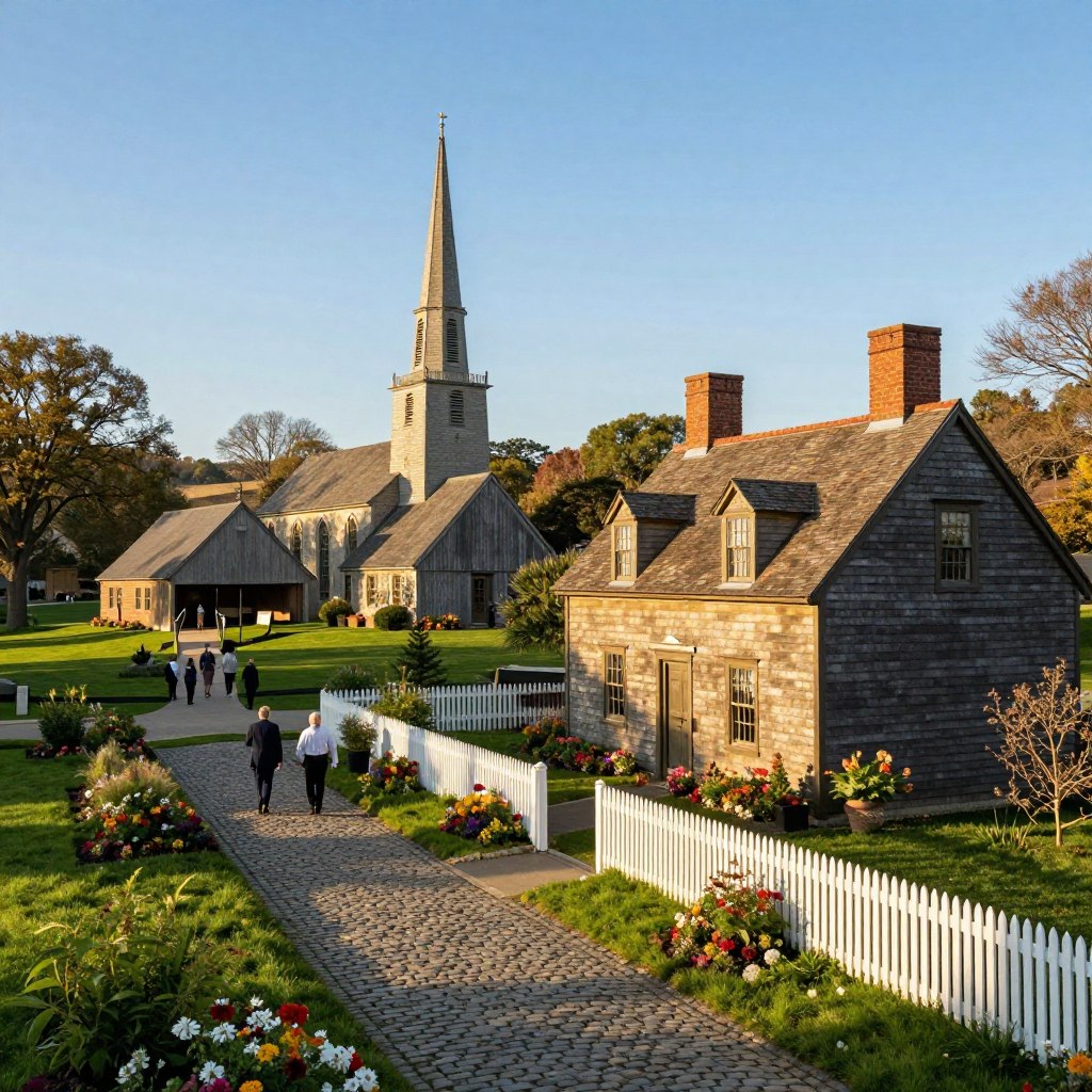 A scenic view of historical landmarks in Sussex County, NJ, showcasing the charming architecture of Victorian-era homes and rustic barns. In the foreground, a quaint cobblestone pathway leads to an old colonial house with white picket fencing, surrounded by lush greenery and colorful flower beds. The middle ground features a historic church steeple rising against a clear blue sky, while a small group of people in professional attire strolls along the path, admiring the surroundings. The background captures rolling hills and open fields under warm, golden sunlight, creating a serene and inviting atmosphere. Use a wide-angle lens to emphasize the depth and beauty of the landscape, casting soft shadows to enhance the architectural details.