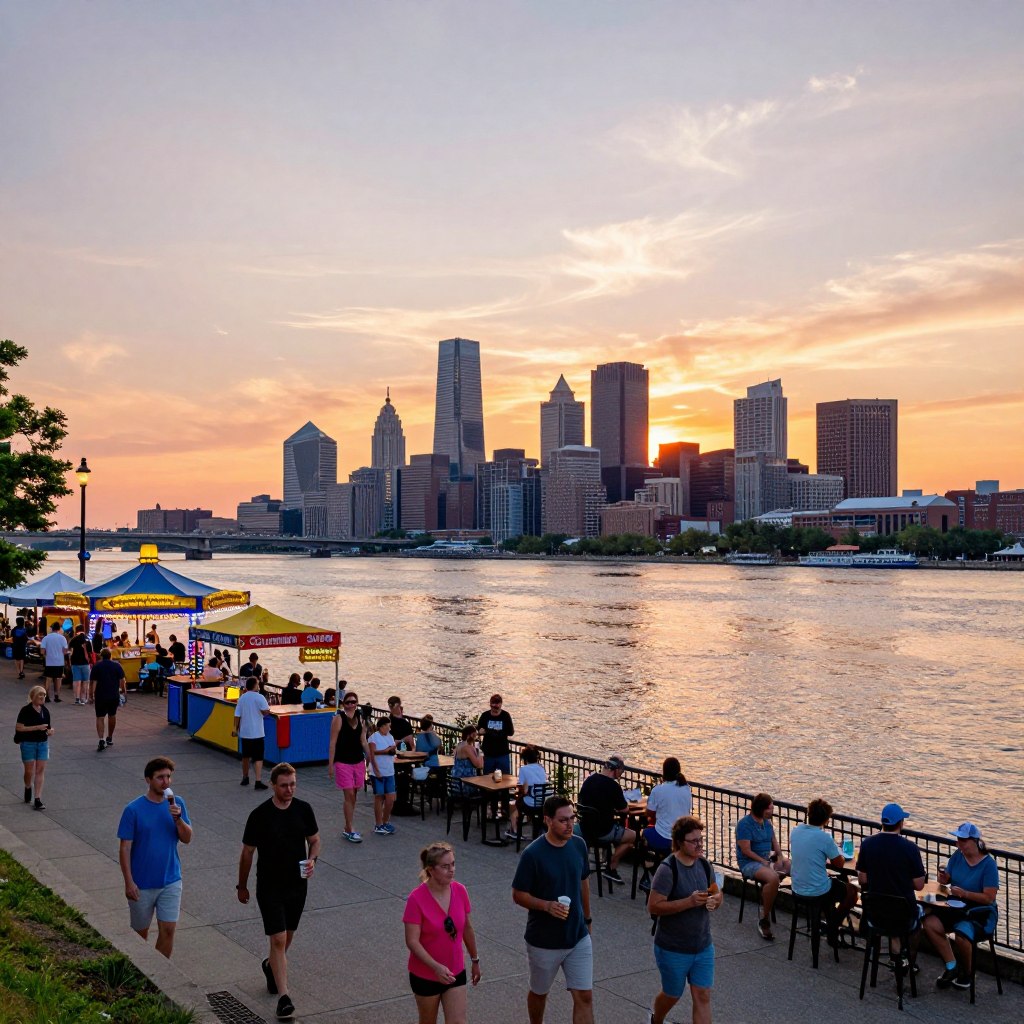 A scenic view of the Camden waterfront at sunset, capturing the lively atmosphere along the Delaware River. In the foreground, families and couples stroll along the riverwalk, some enjoying ice cream or snacks from nearby vendors, dressed in casual summer clothing. The middle ground showcases the iconic Camden Aquarium and colorful entertainment options, with people gathered around vibrant outdoor seating areas. The background features the shimmering skyline of Philadelphia across the river, with the sun setting behind the city, casting a warm orange and pink glow in the sky. The image is shot from a low angle to emphasize the vibrant waterfront and to create a sense of depth, evoking a joyful, inviting mood that highlights the area's attractions. No text or watermarks.